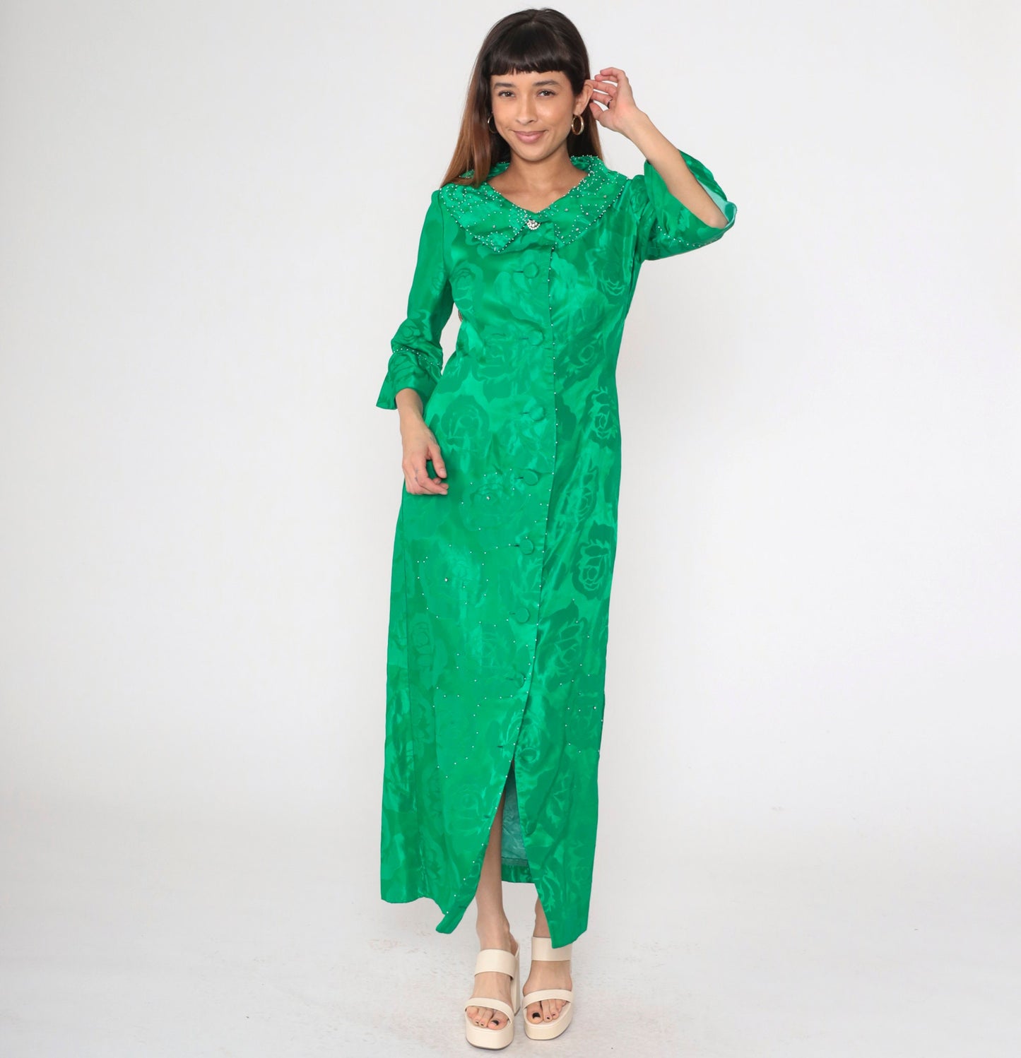 60s Alice of California Green Jacquard Floral Maxi Dress Pearl Beaded Peter Pan Collar Small