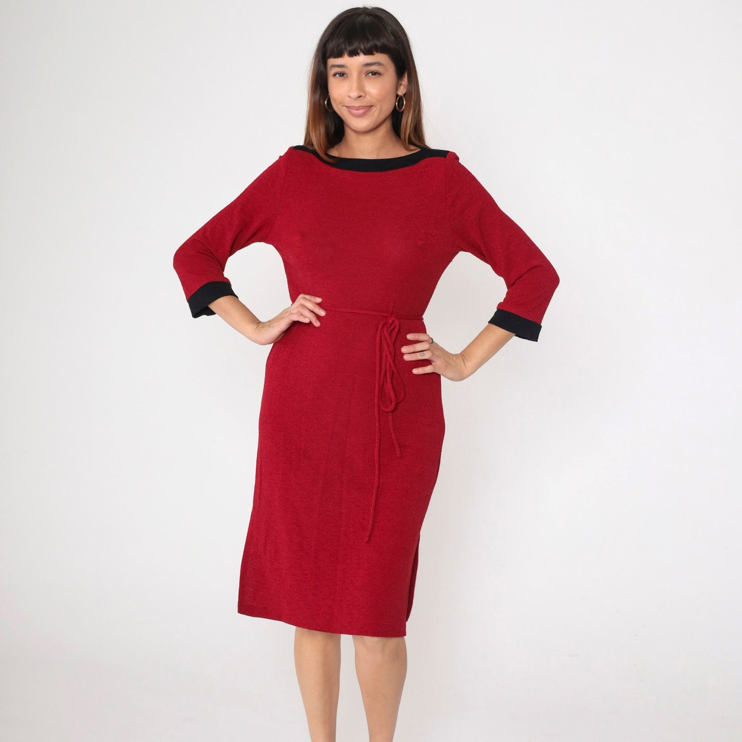 90s Red Shift Dress Boat Neck Black Trim Tie Belt Three-Quarter Sleeve Small Medium