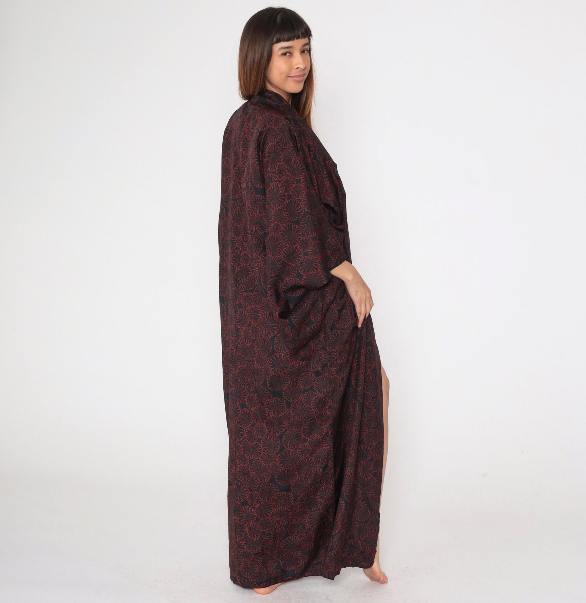 60s Black Kimono Robe Red Floral Print Full Length Maxi Large L