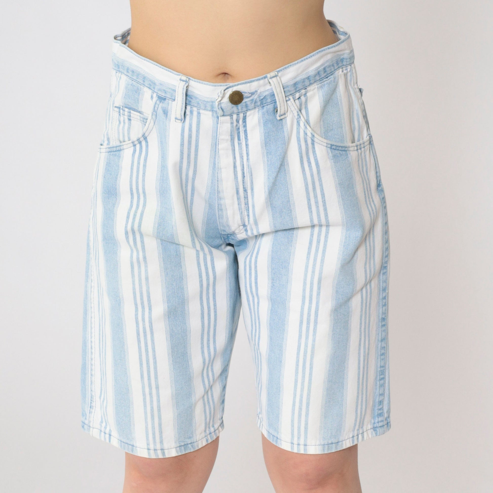 90s Wrangler Striped Denim Shorts High Waist Light Blue White Medium 31