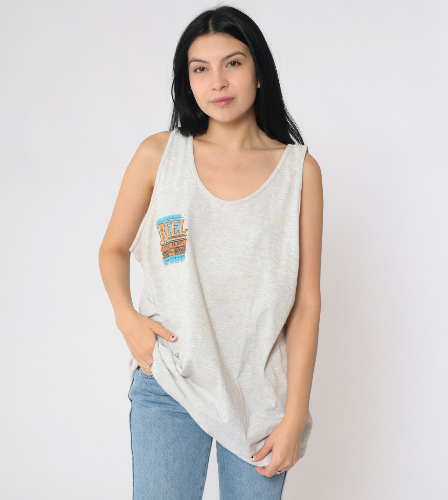 90s Reel Lumber Service Graphic Tank Top Beaver Cartoon Grey Extra Large XL