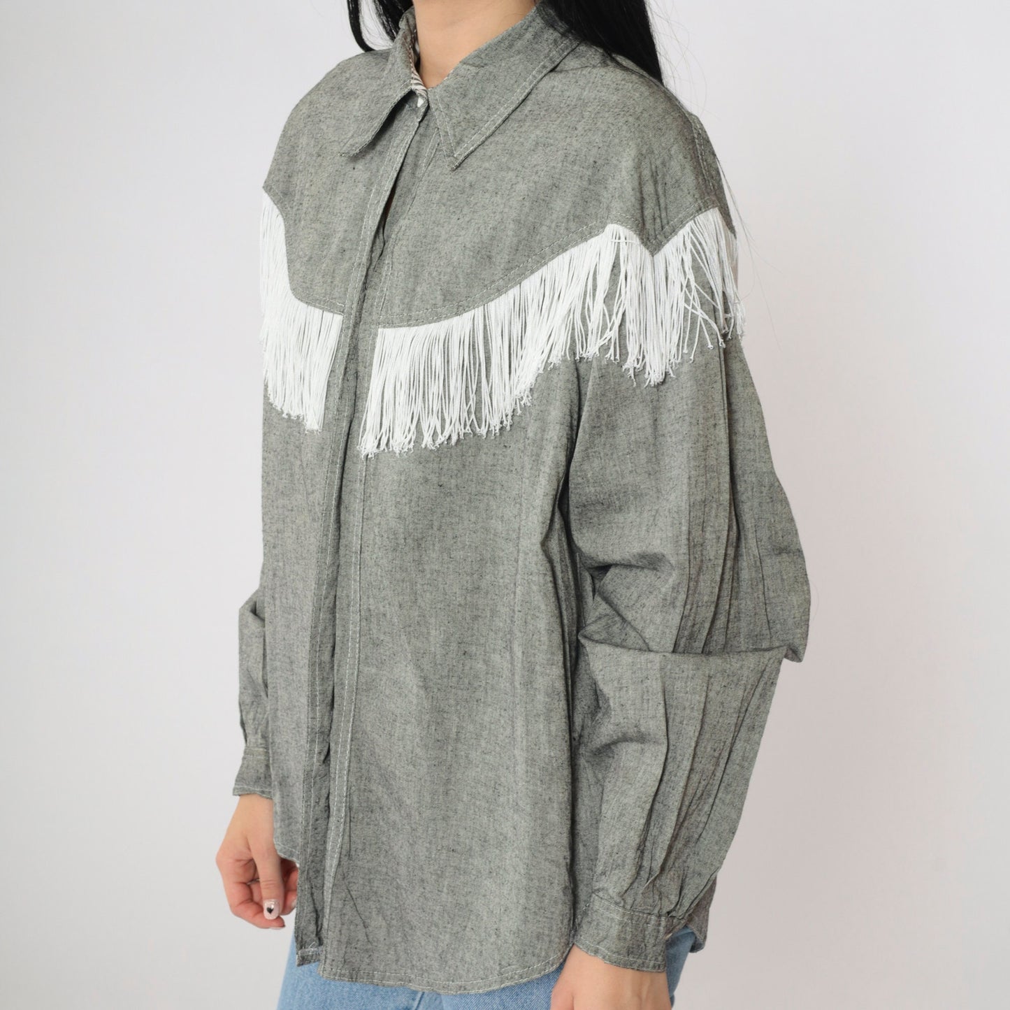90s Lillie Rubin Western Fringe Shirt Grey Cotton Button-Up Large L