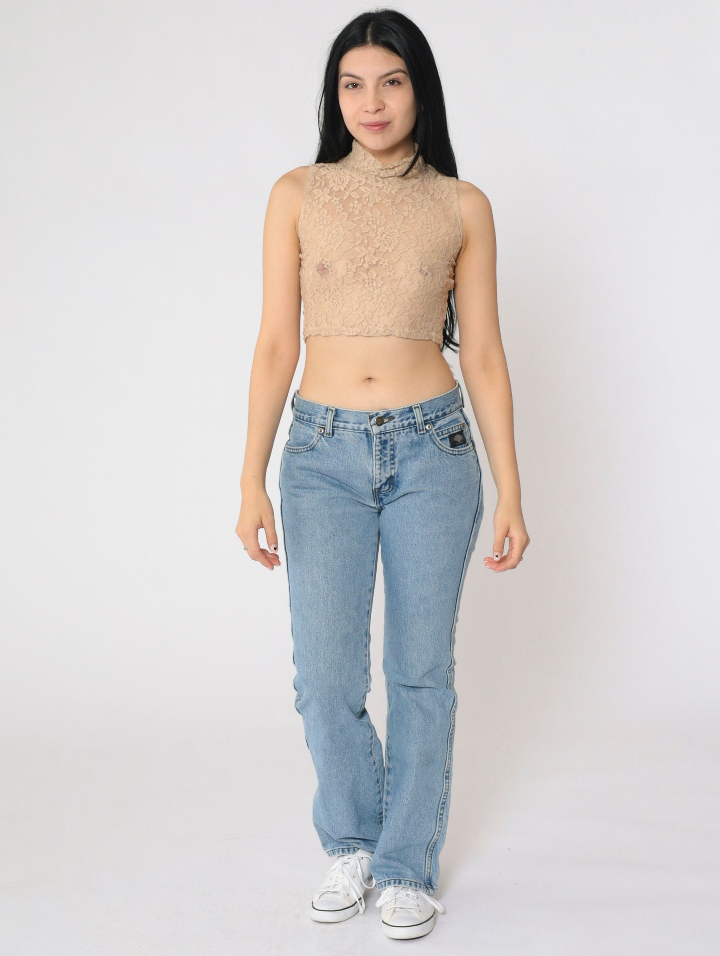 Y2K Beige Floral Lace Tank Top Mock Neck Crop Sleeveless Small S