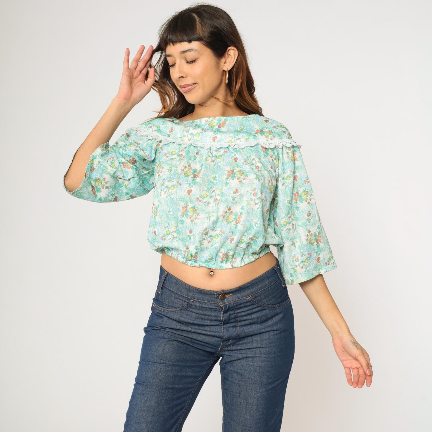 70s Peasant Blouse Fruit Print Crop Top Blue Green 3/4 Sleeve Extra Small