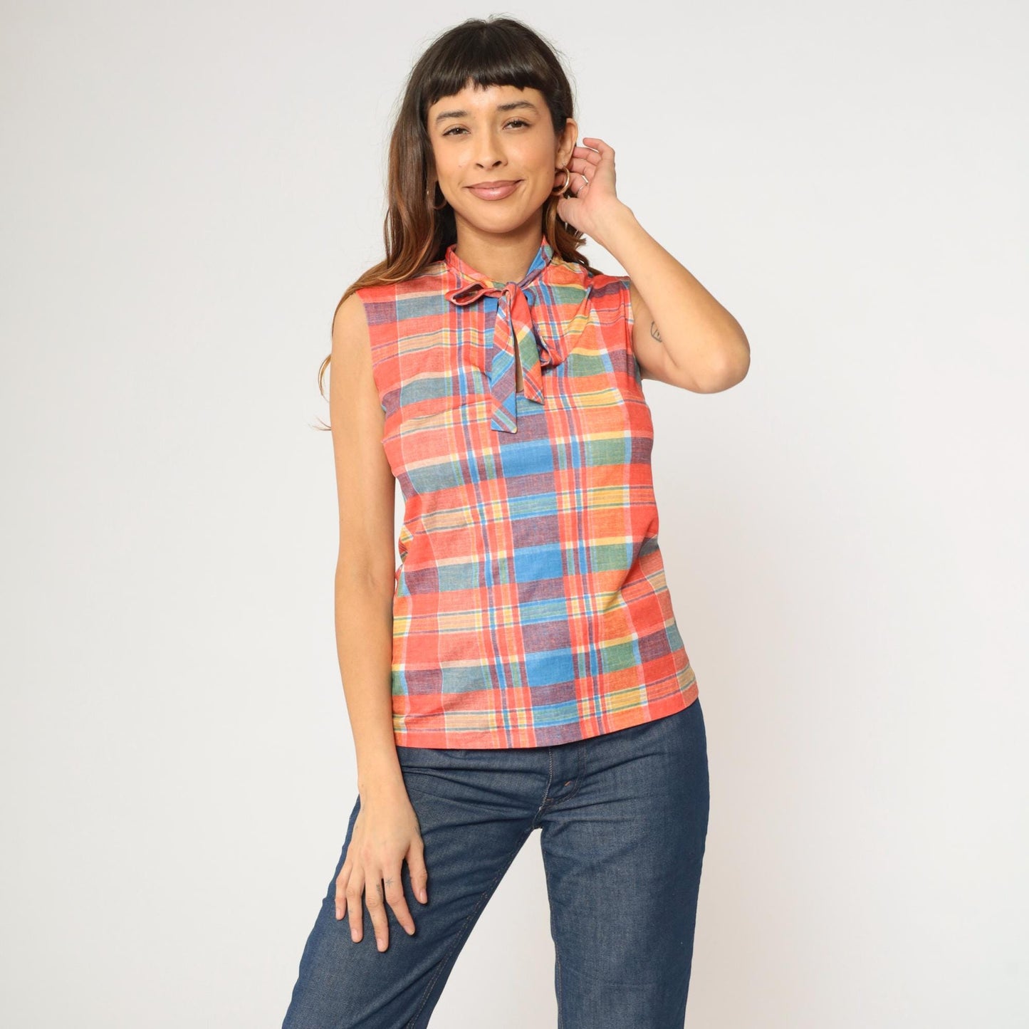 70s Checkered Tank Top Ascot Neckline Sleeveless Blouse Orange Blue Yellow Small