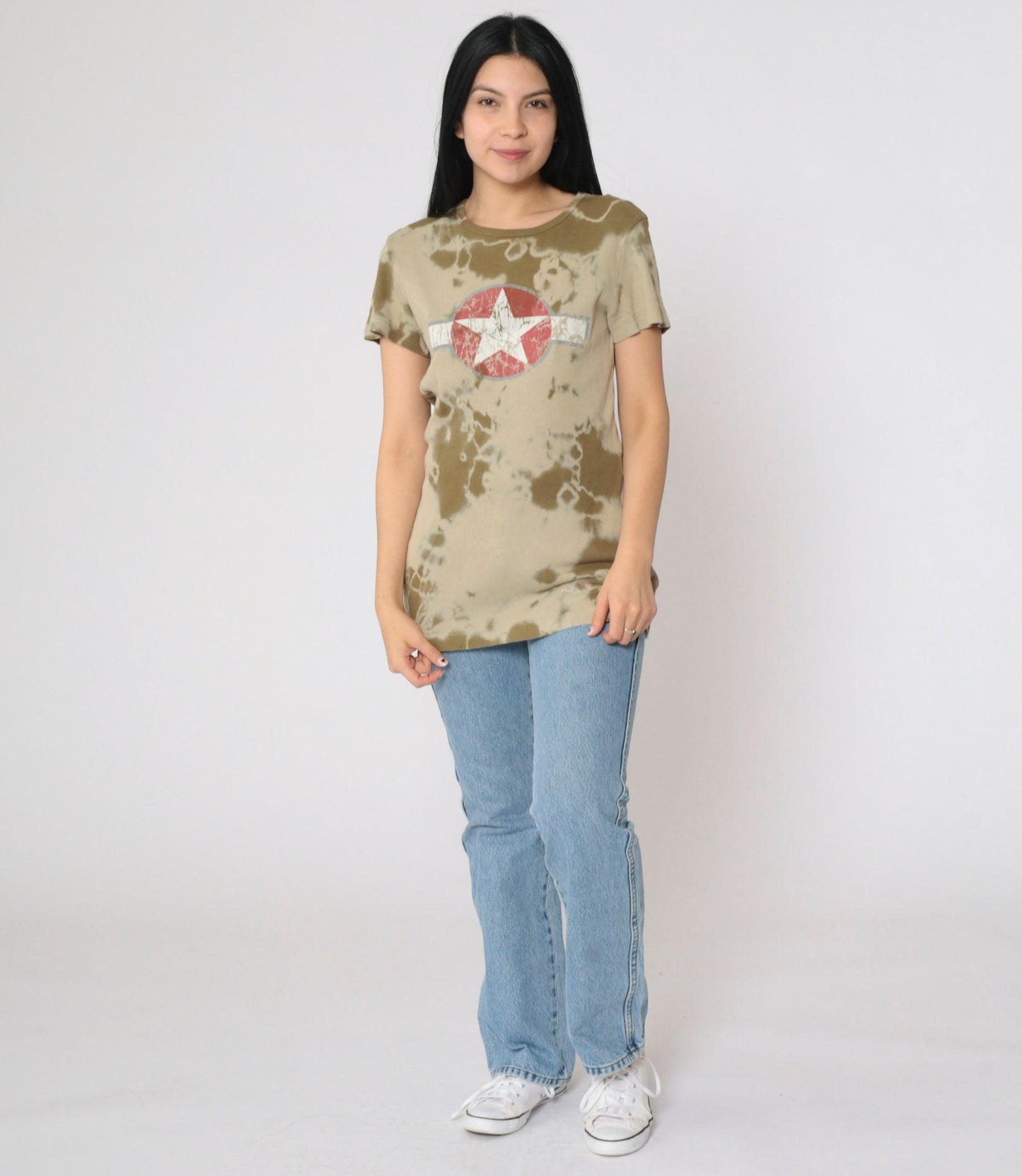 Y2K Sledge USA Star Emblem Tie-Dye Graphic Tee Olive Khaki Large L