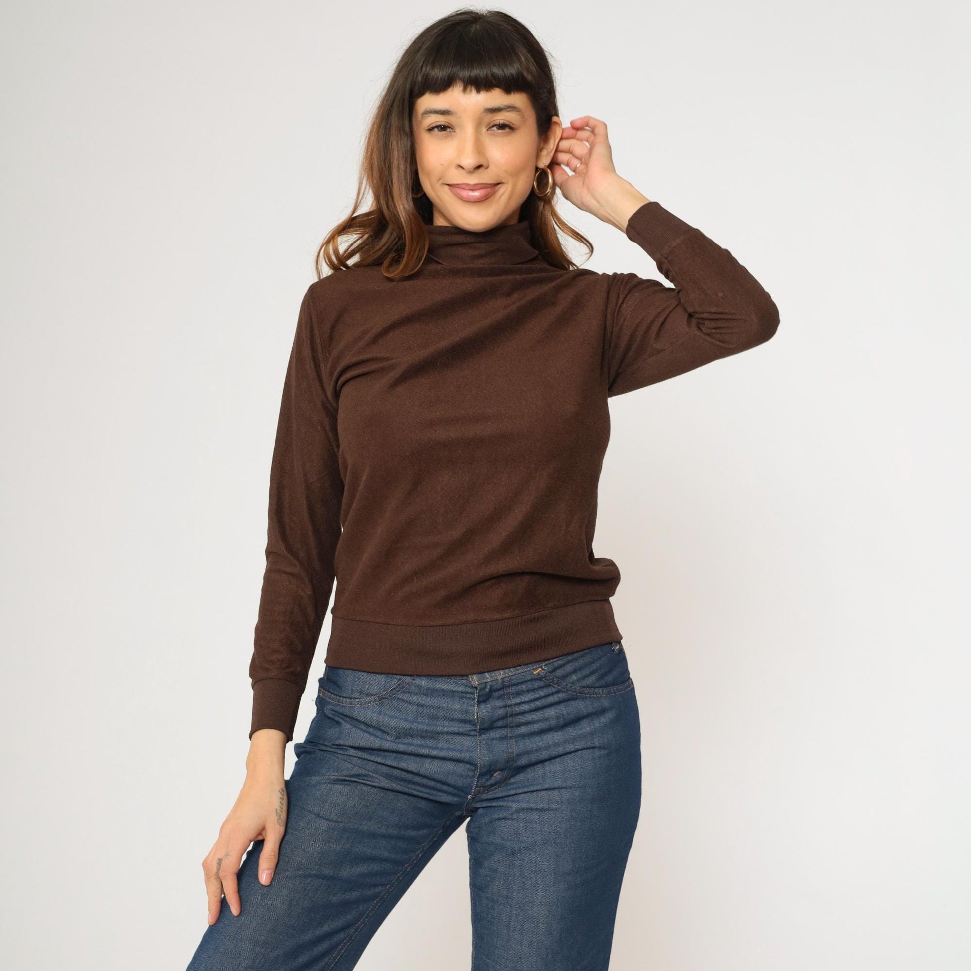 70s Brown Turtleneck Crop Top Long Sleeve Knit Shirt Extra Small XS