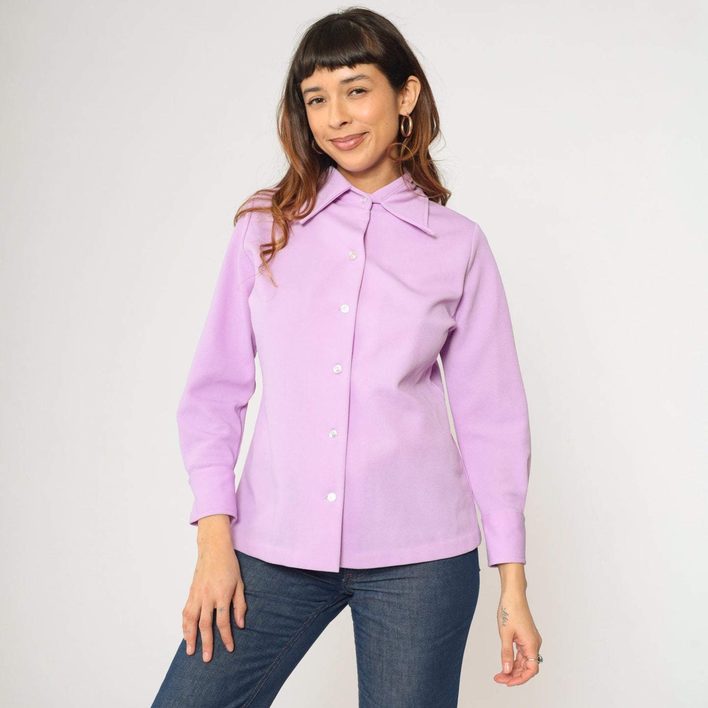 70s Lavender Button Up Blouse Dagger Collar Long Sleeve Shirt Medium