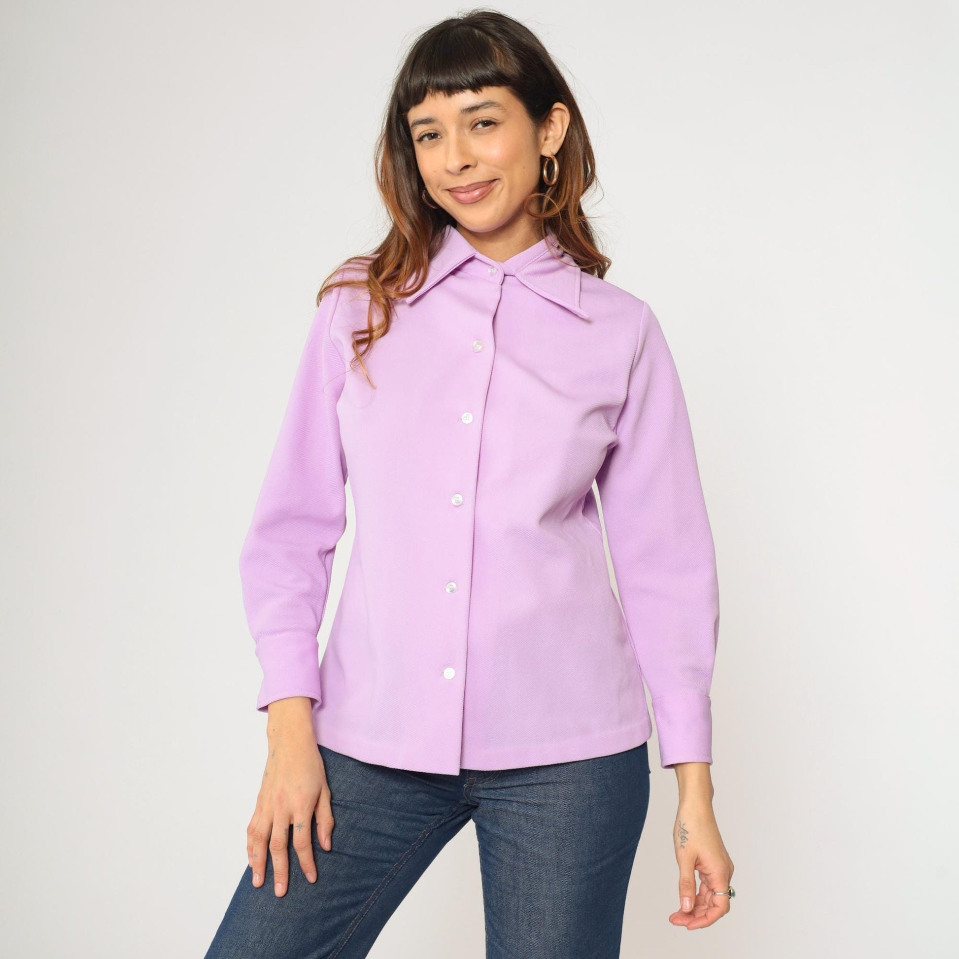 70s Lavender Button Up Blouse Dagger Collar Long Sleeve Shirt Medium