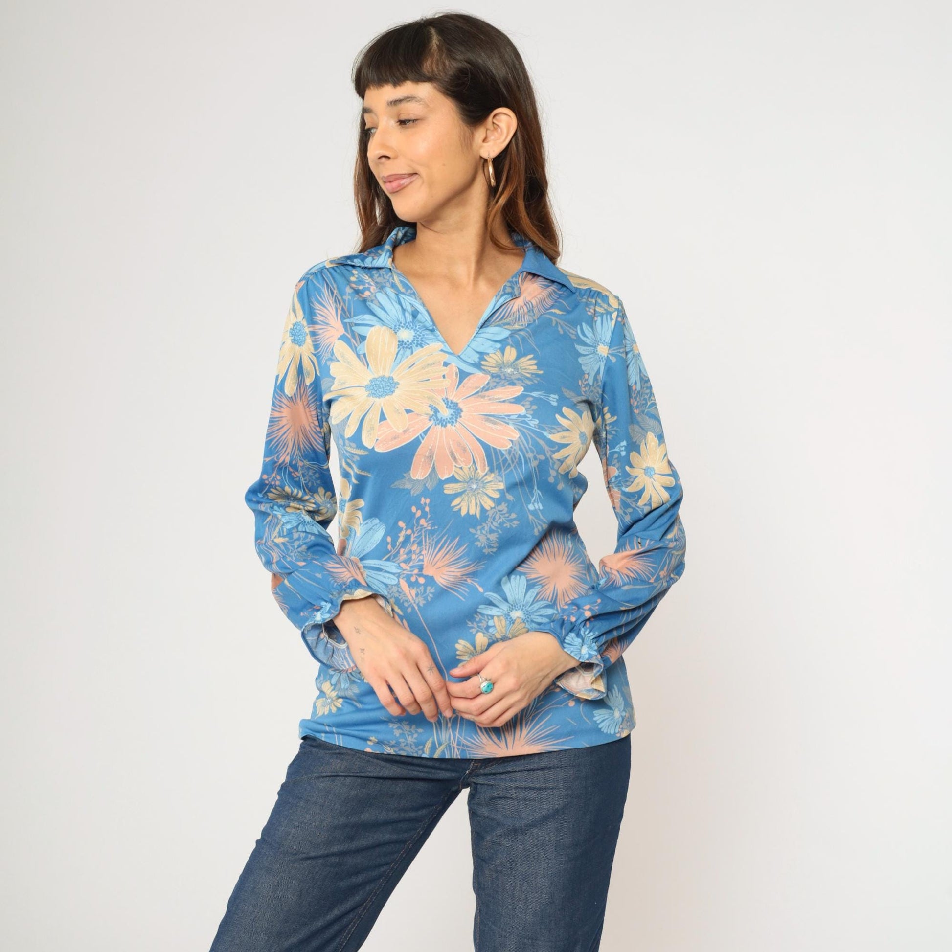 70s Floral Shirt Blue Flower Print V-Neck Pointed Collar Long Sleeve Medium
