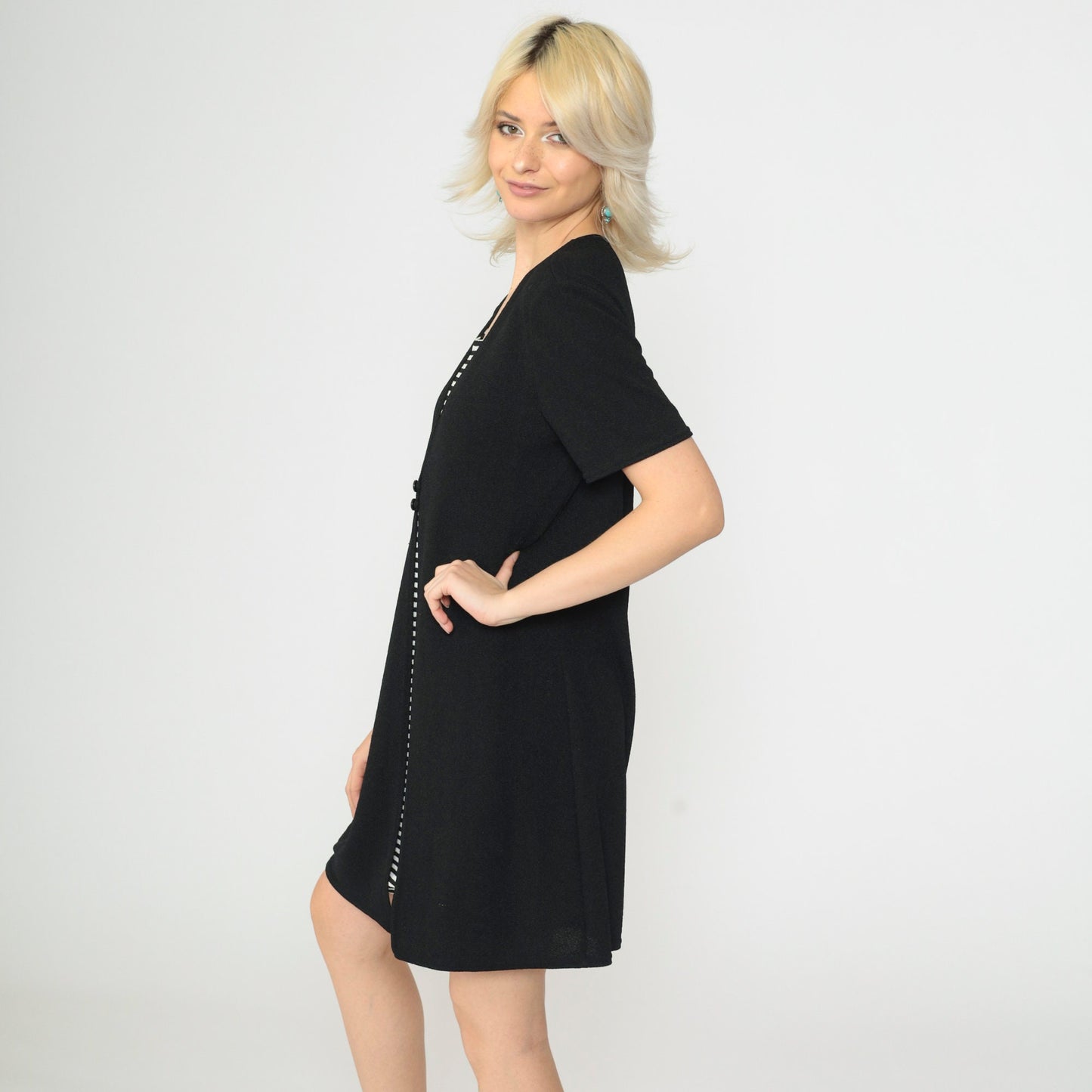 90s Black Striped Knit Dress Button Front V-Neck Short Sleeve Medium