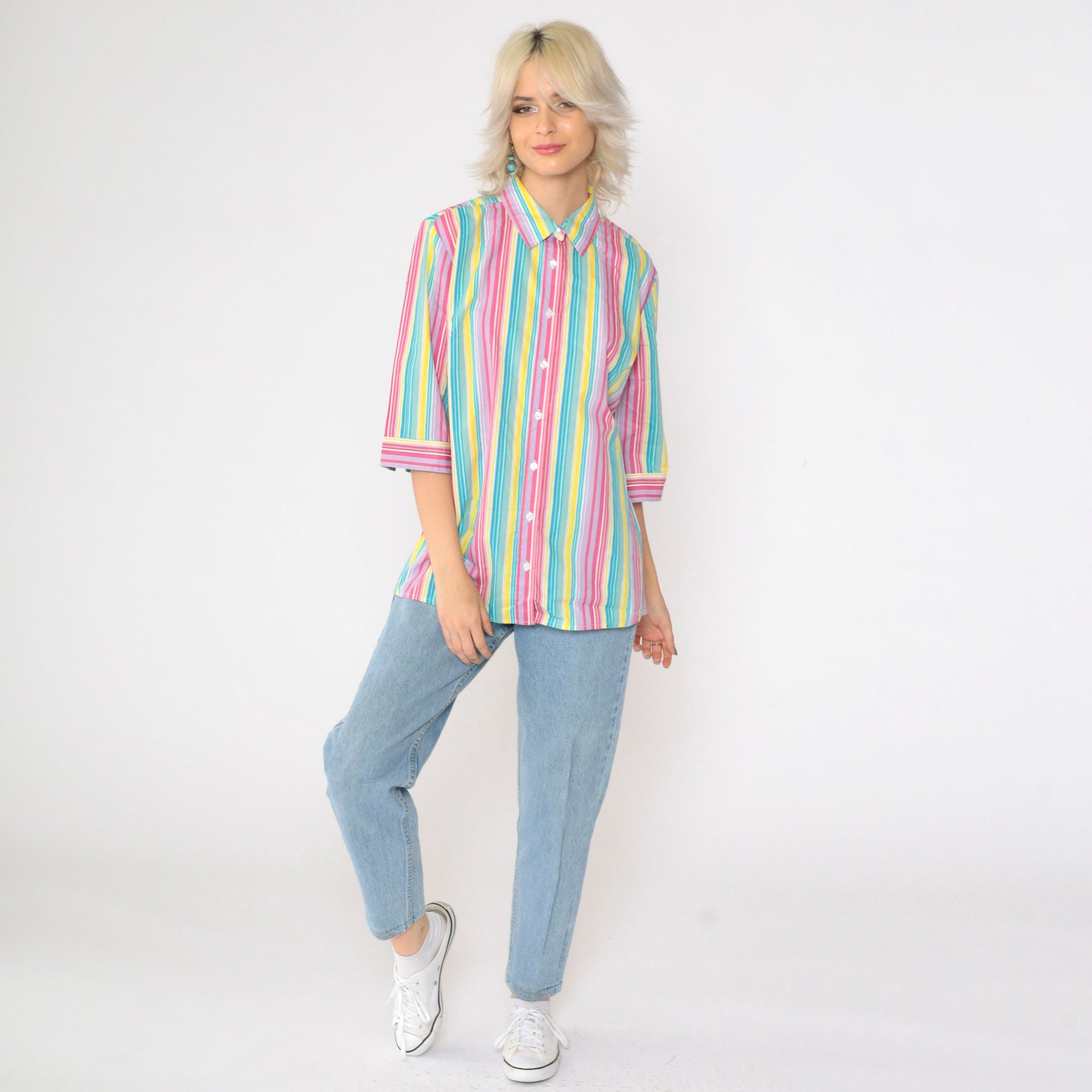 00s Striped Button Up Blouse Multicolor Rainbow Y2K Shirt Medium