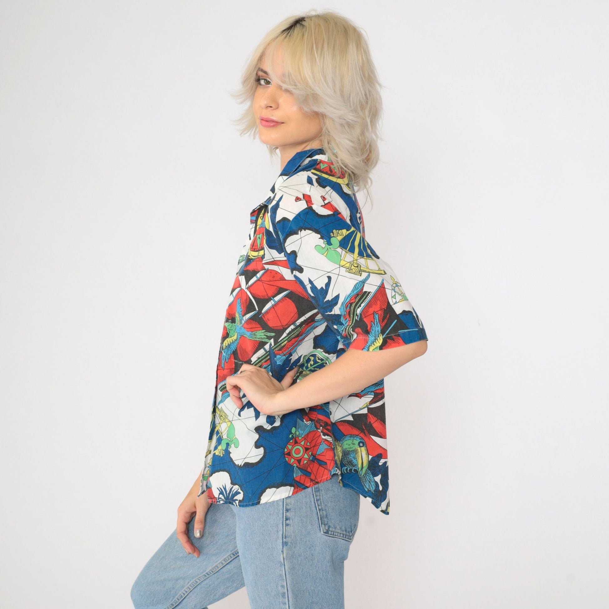 90s Nautical Print Button-Up Shirt Compass Parrot Globe Map Short Sleeve Large