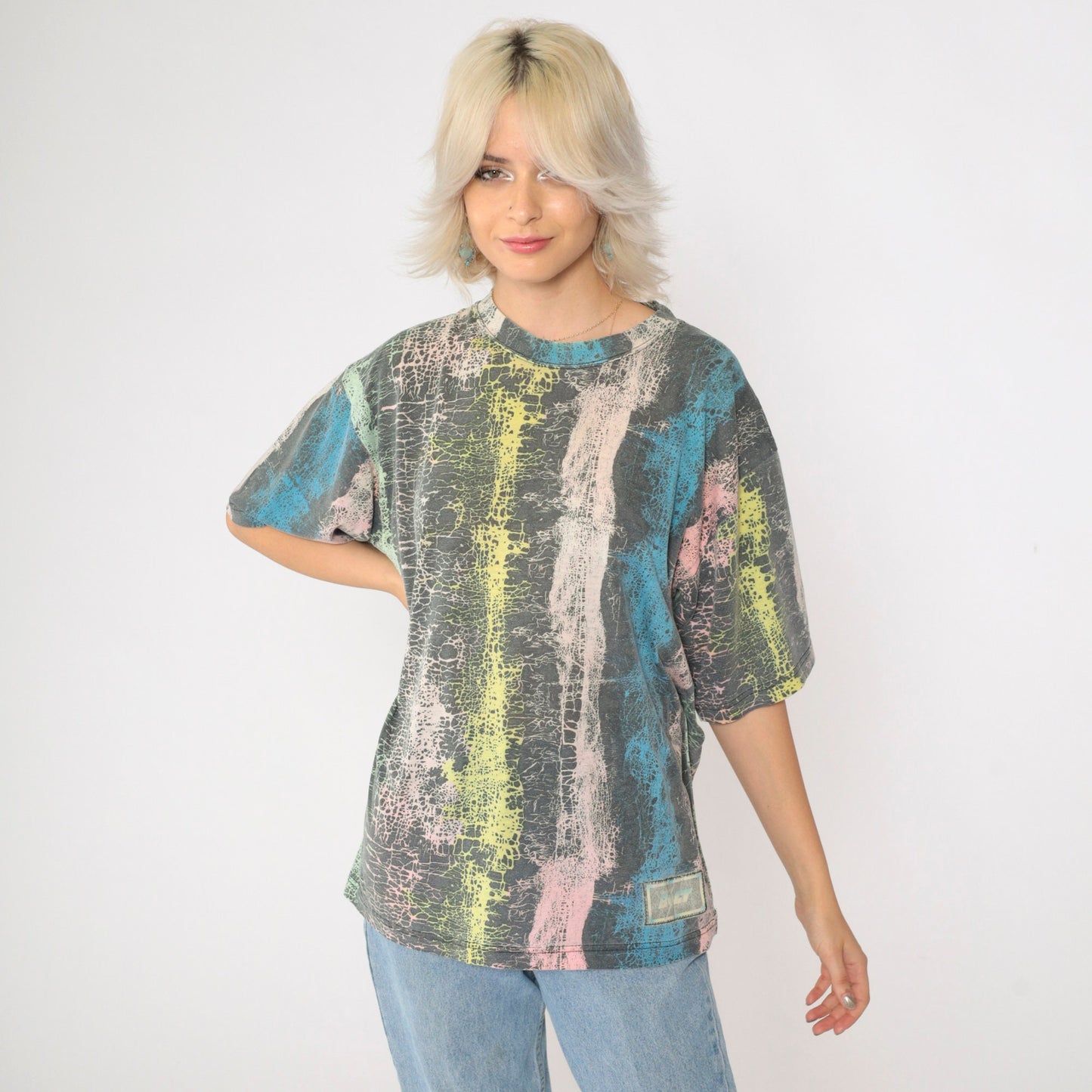 90s Lightning Bolt Abstract Crackle Stripe T-Shirt Pastel Crew Neck Medium
