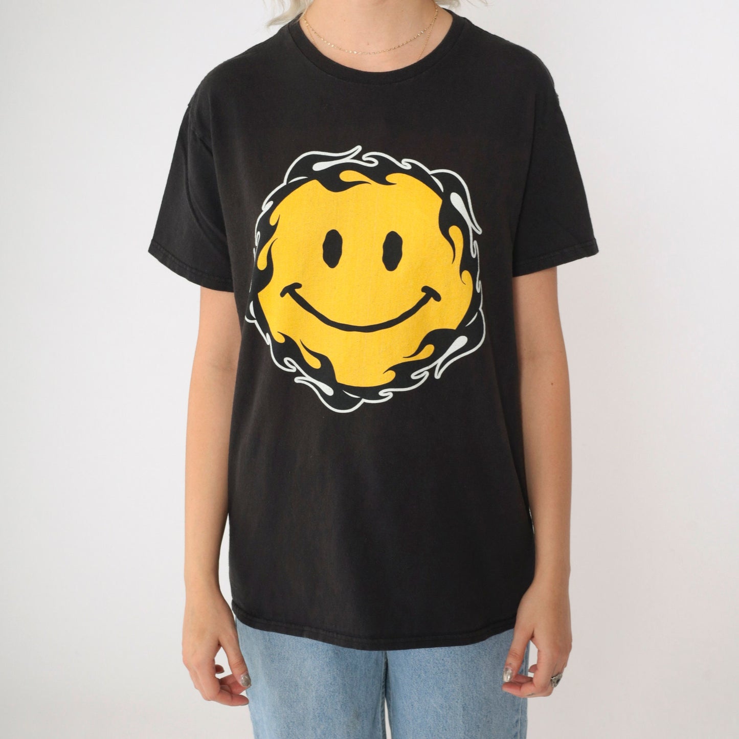 00s Smiley Face Flame Graphic T-Shirt Black Cotton Crew Neck Medium