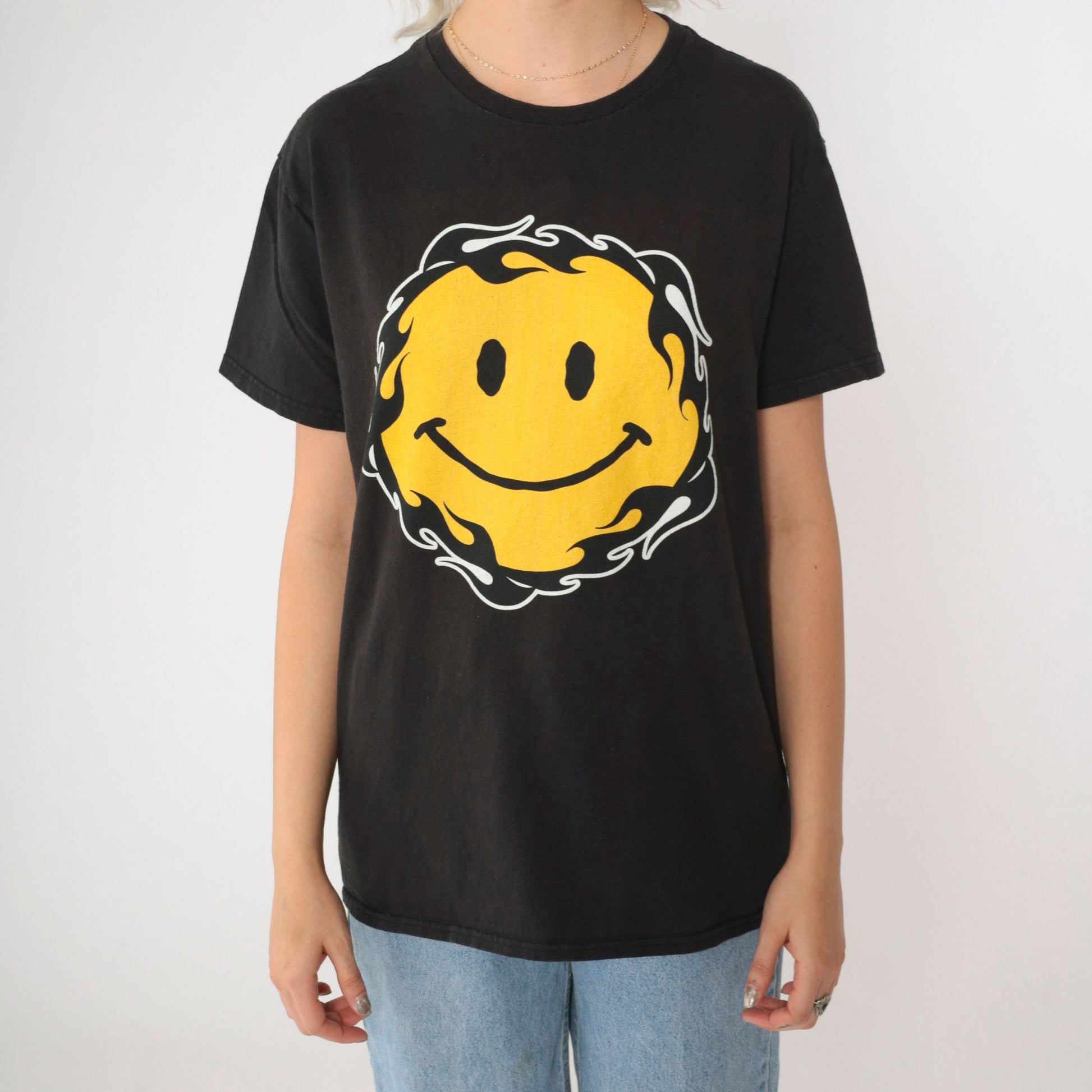 00s Smiley Face Flame Graphic T-Shirt Black Cotton Crew Neck Medium