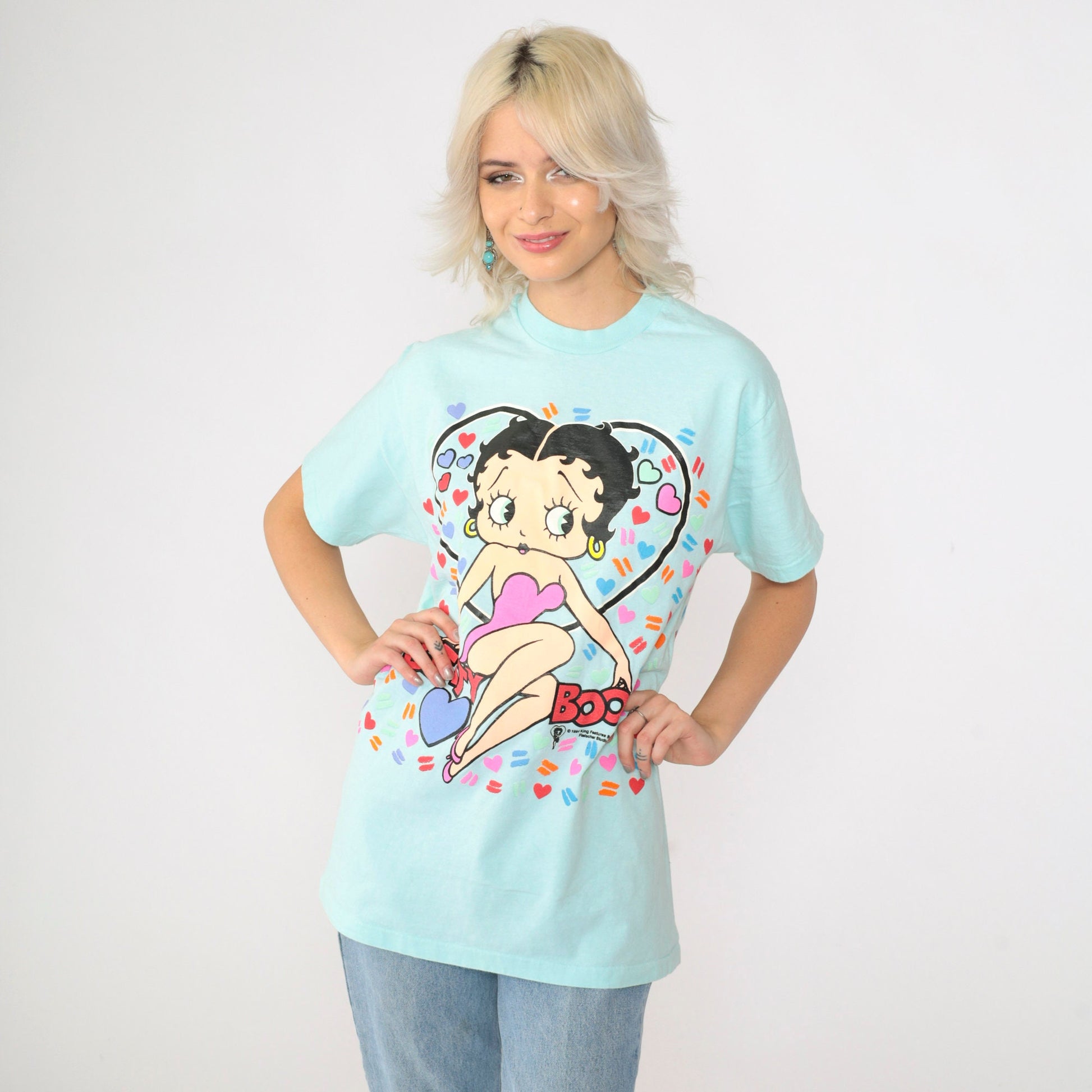 90s Betty Boop Heart Graphic T-Shirt Aqua Single Stitch Medium