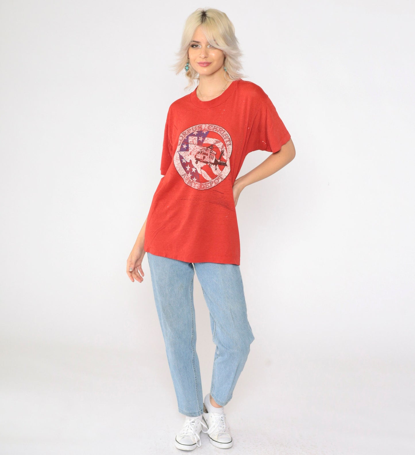 80s Corpus Christi Army Depot Helicopter Graphic T-Shirt Red Screen Stars Medium
