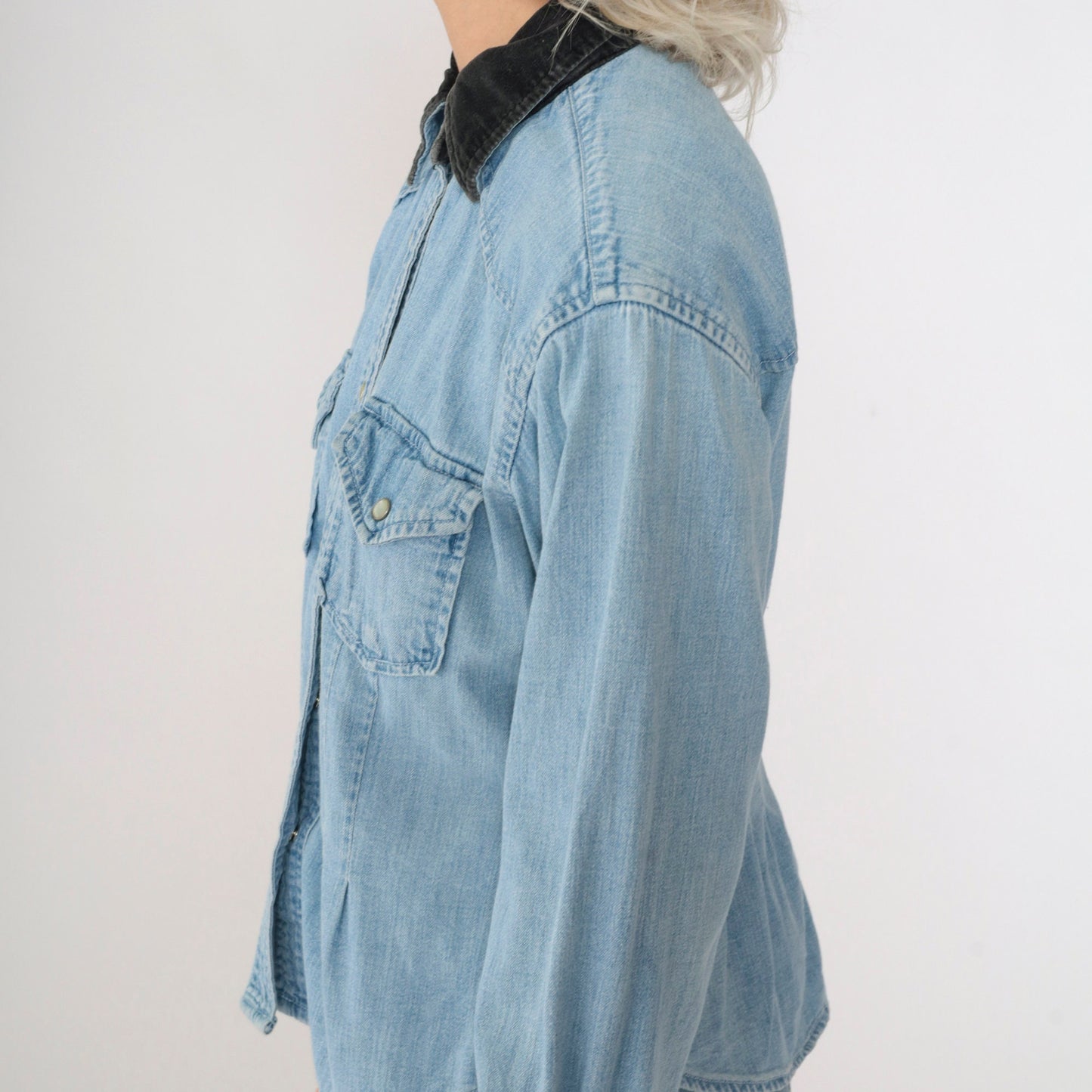 90s Express Jeans Denim Western Shirt Pearl Snap Velvet Collar Blue Small