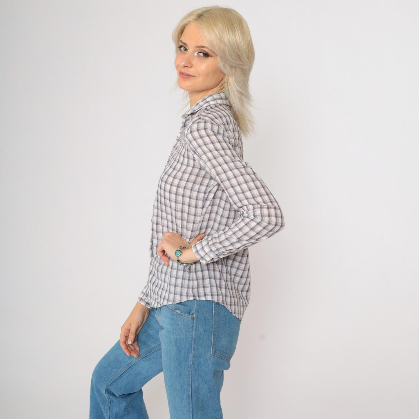 80s Metallic Plaid Button-Up Blouse Long Sleeve Shirt Extra Small XS