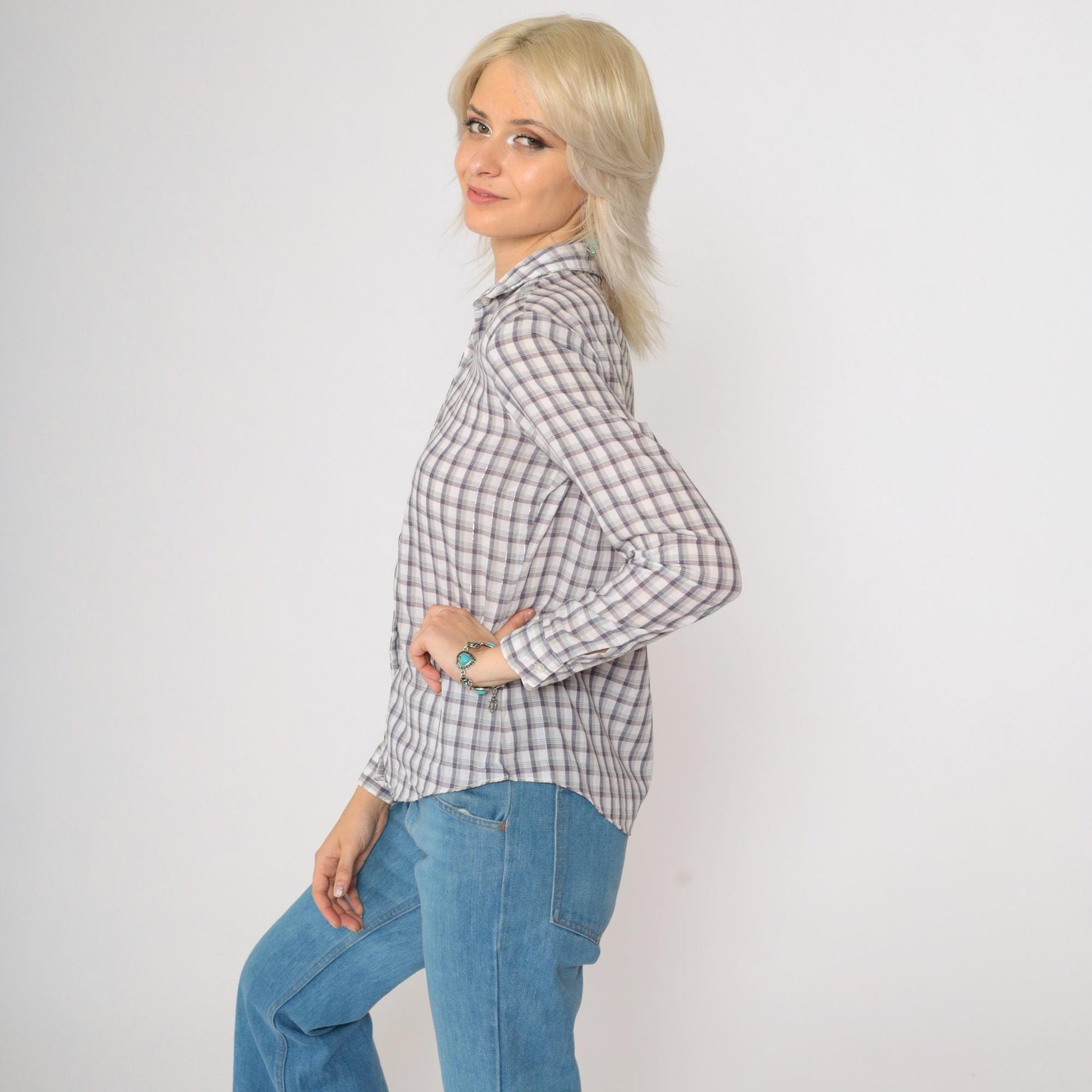 80s Metallic Plaid Button-Up Blouse Long Sleeve Shirt Extra Small XS