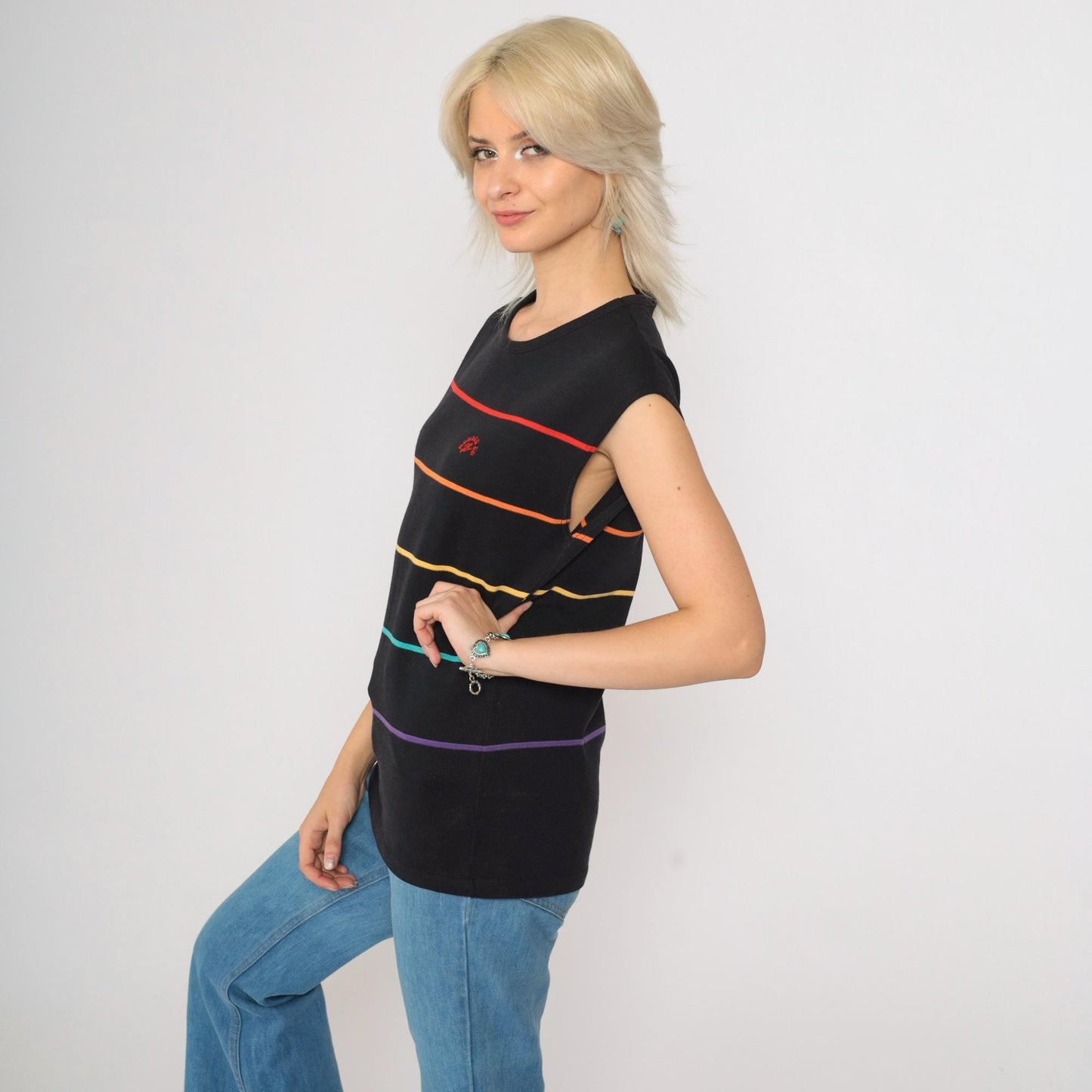 80s Runners Up Rainbow Striped Tank Top Black Muscle Shirt Small