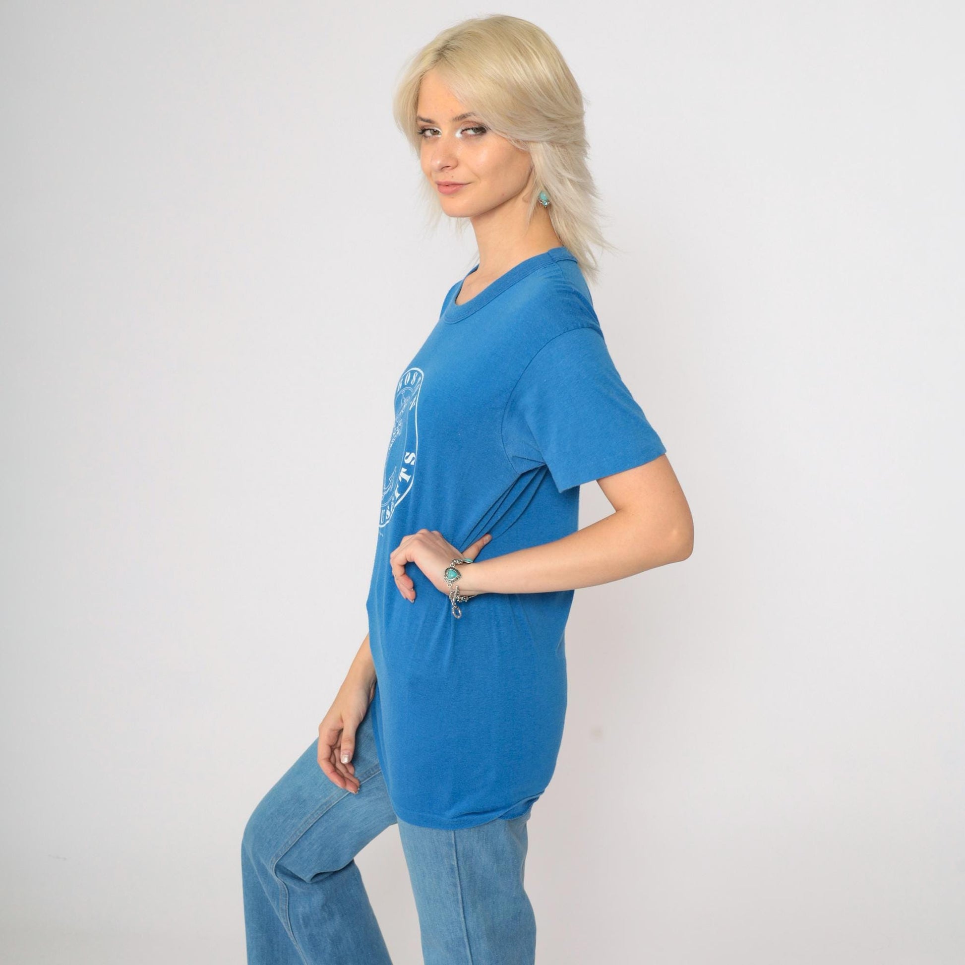 80s Boston Anchor Graphic T-Shirt Blue Single Stitch Tee Small