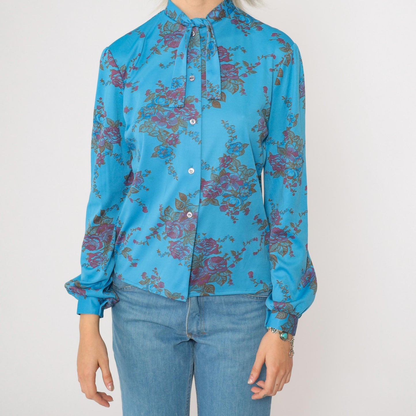 70s Blue Floral Ascot Blouse Button-Up Long Sleeve Shirt Small