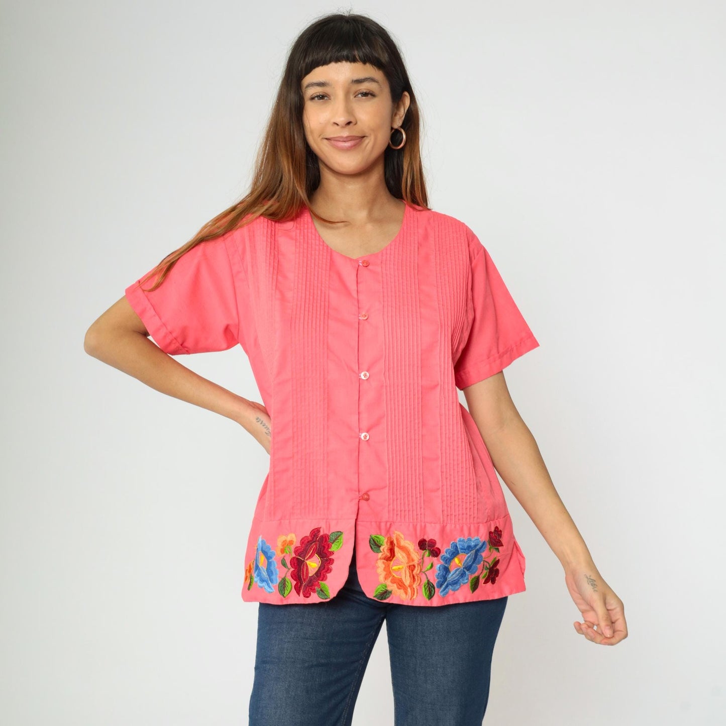 90s Pink Floral Embroidered Button-Up Blouse Pintuck Short Sleeve Medium