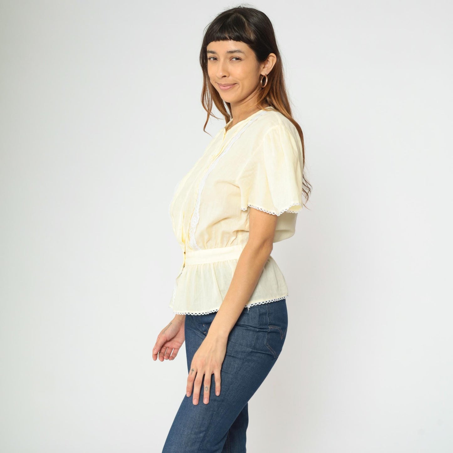 80s Pastel Yellow Puff Sleeve Blouse Lace Trim Peplum Button Up Medium