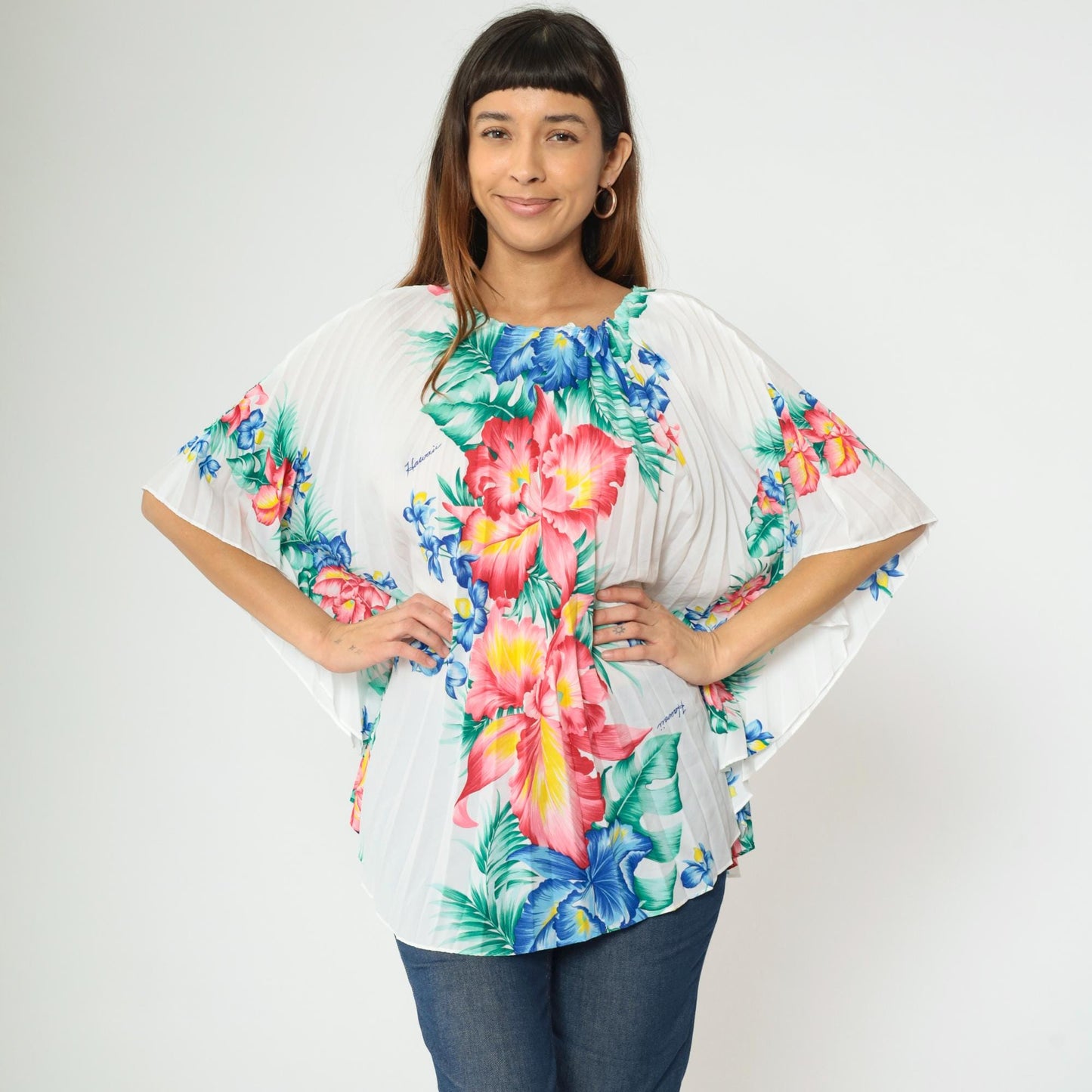 70s Royal Creations Hawaiian Caftan Top Floral Pleated Kimono One Size