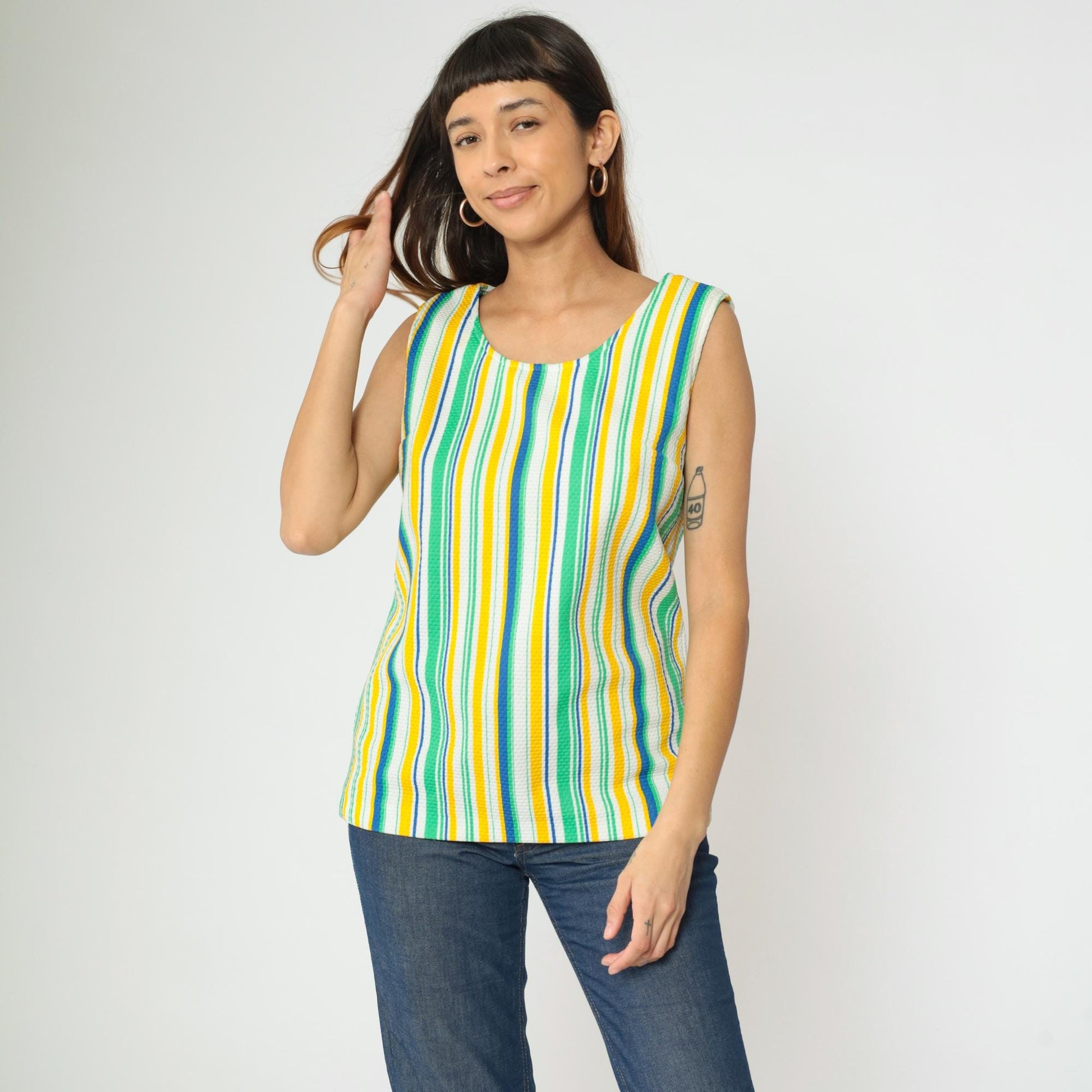 70s Striped Tank Top Scoop Neck Sleeveless Blouse Yellow Green Blue Small