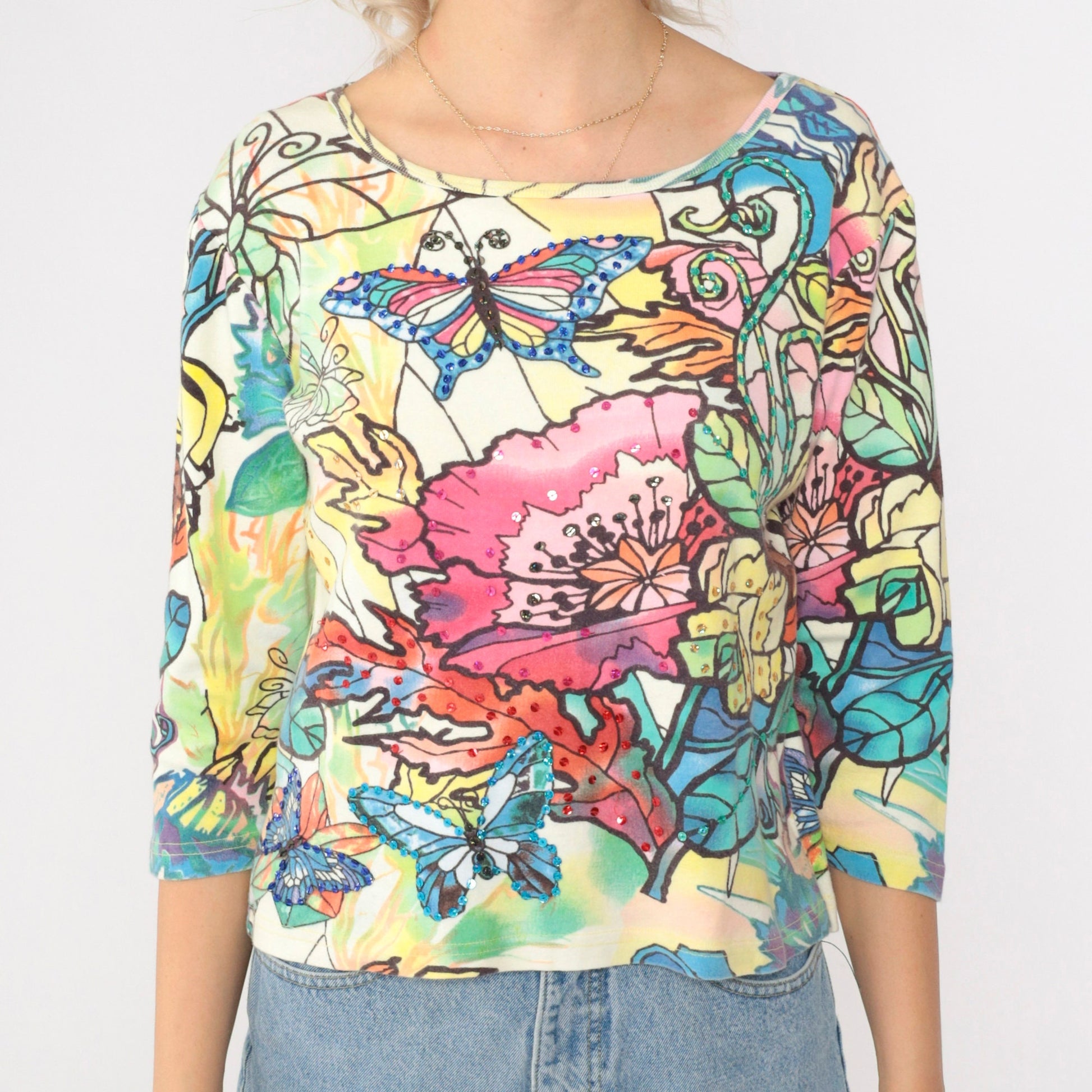 90s Sequin Butterfly Floral Blouse Multicolor Print Scoop Neck Small S