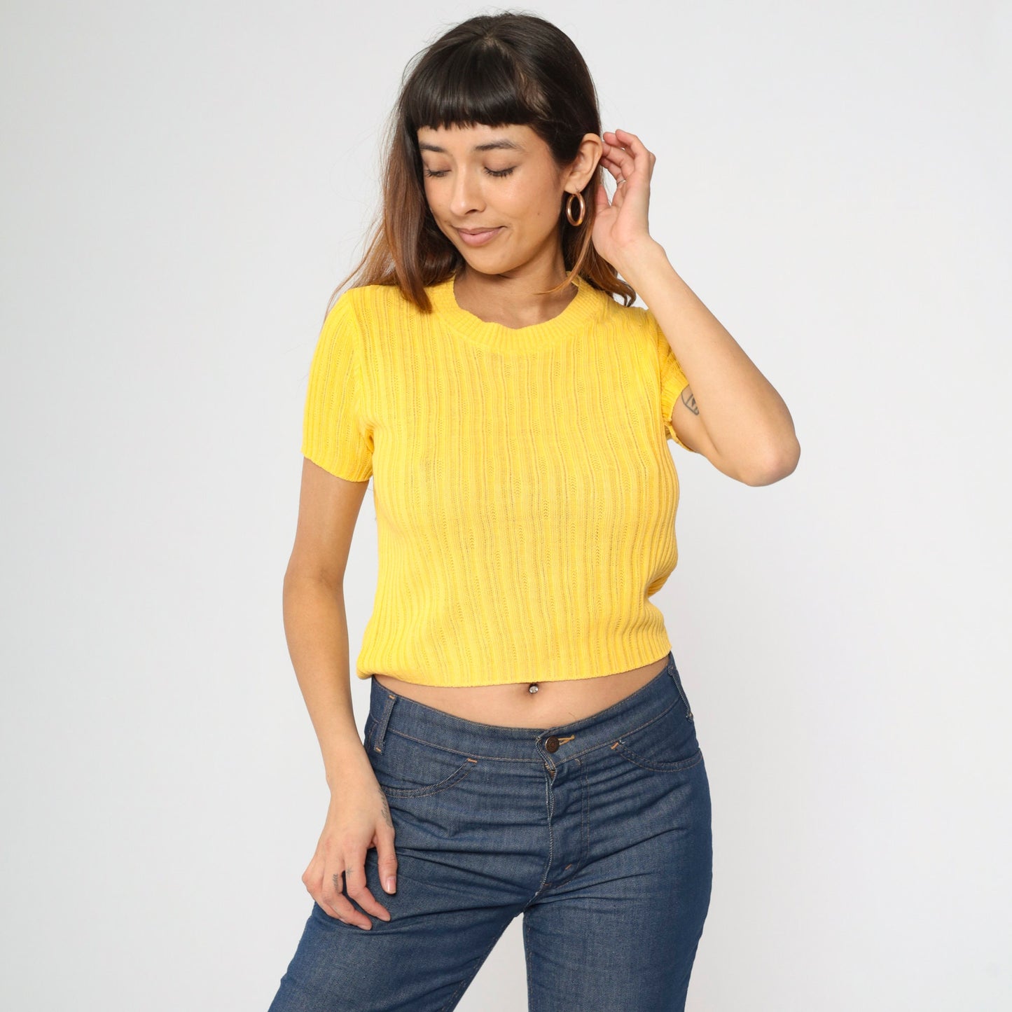 90s Yellow Cropped Ribbed Knit Sweater Short Sleeve Small S