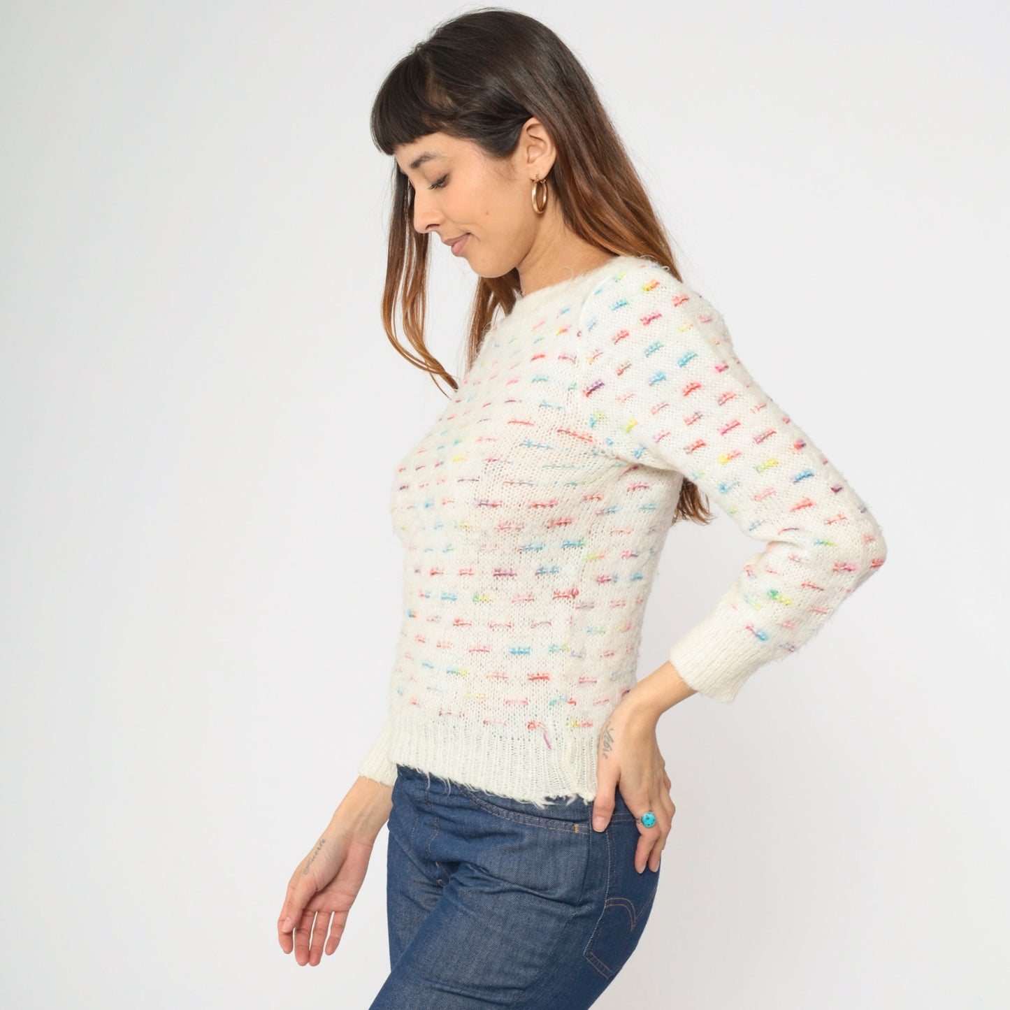 80s White Rainbow Striped Puff Sleeve Knit Sweater Boatneck Pullover XS