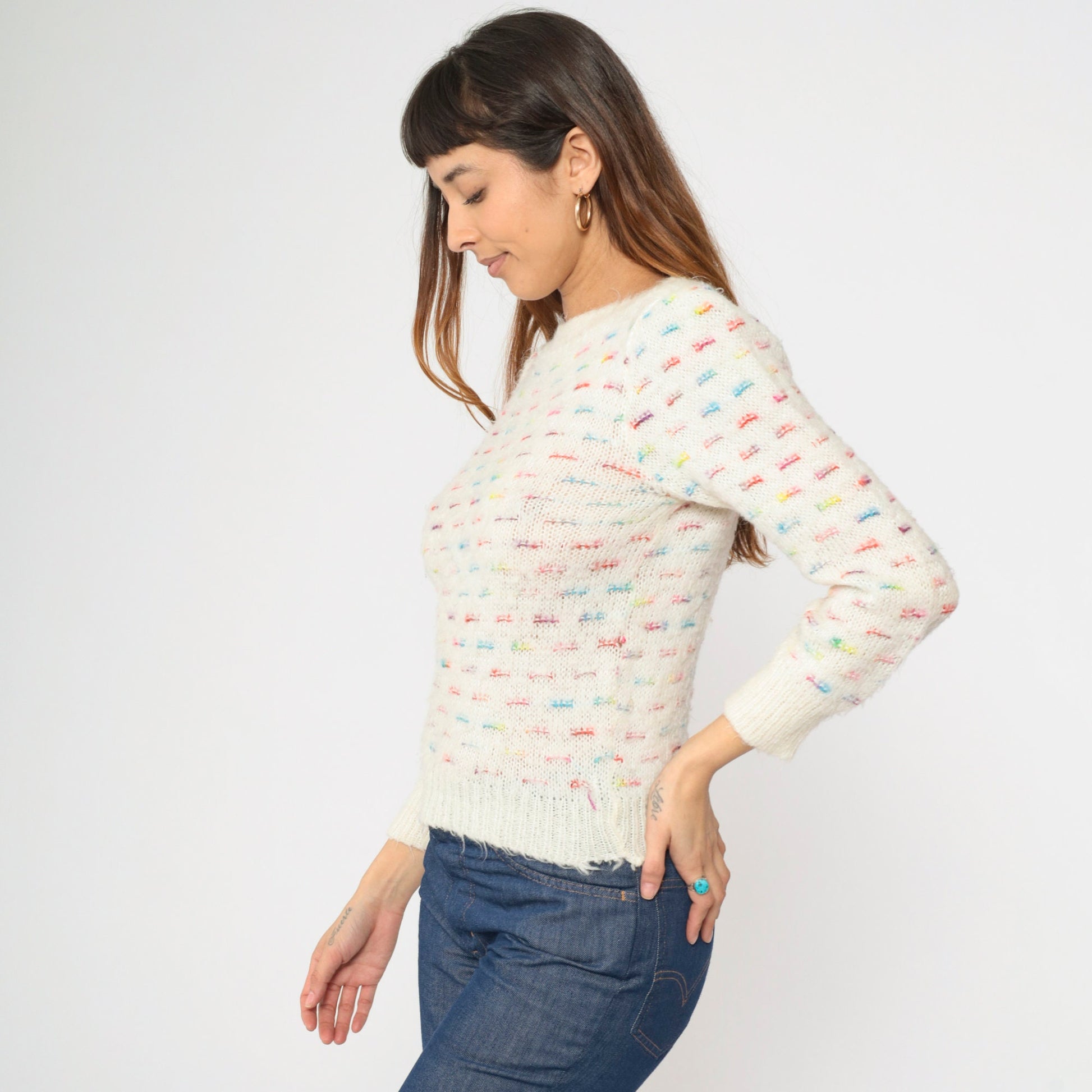 80s White Rainbow Striped Puff Sleeve Knit Sweater Boatneck Pullover XS