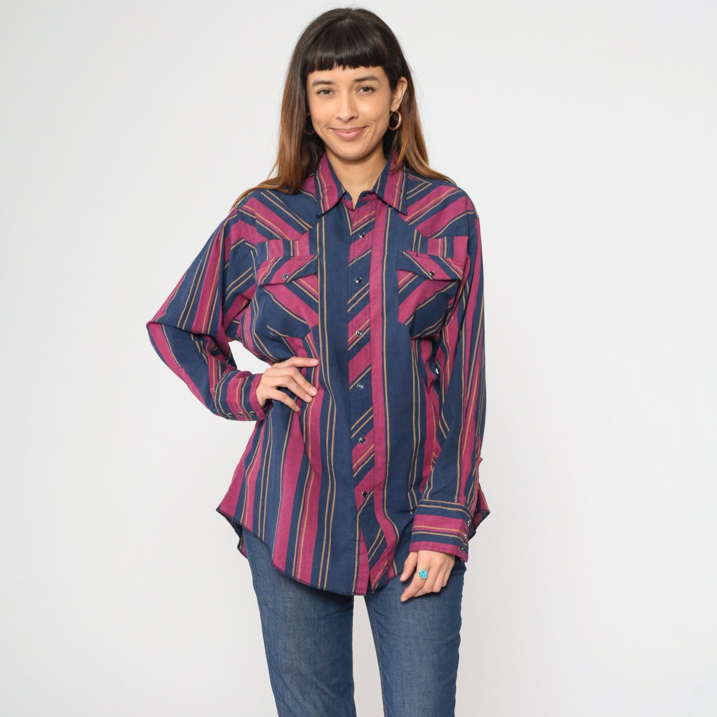80s Rustler Western Shirt Pearl Snap Blue Fuchsia Striped X-Long Tails Extra Large