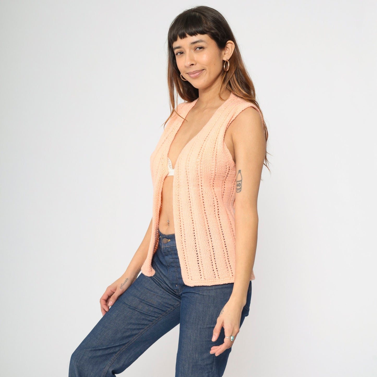 70s Peach Knit Vest Open Front Openwork Sleeveless Top Small