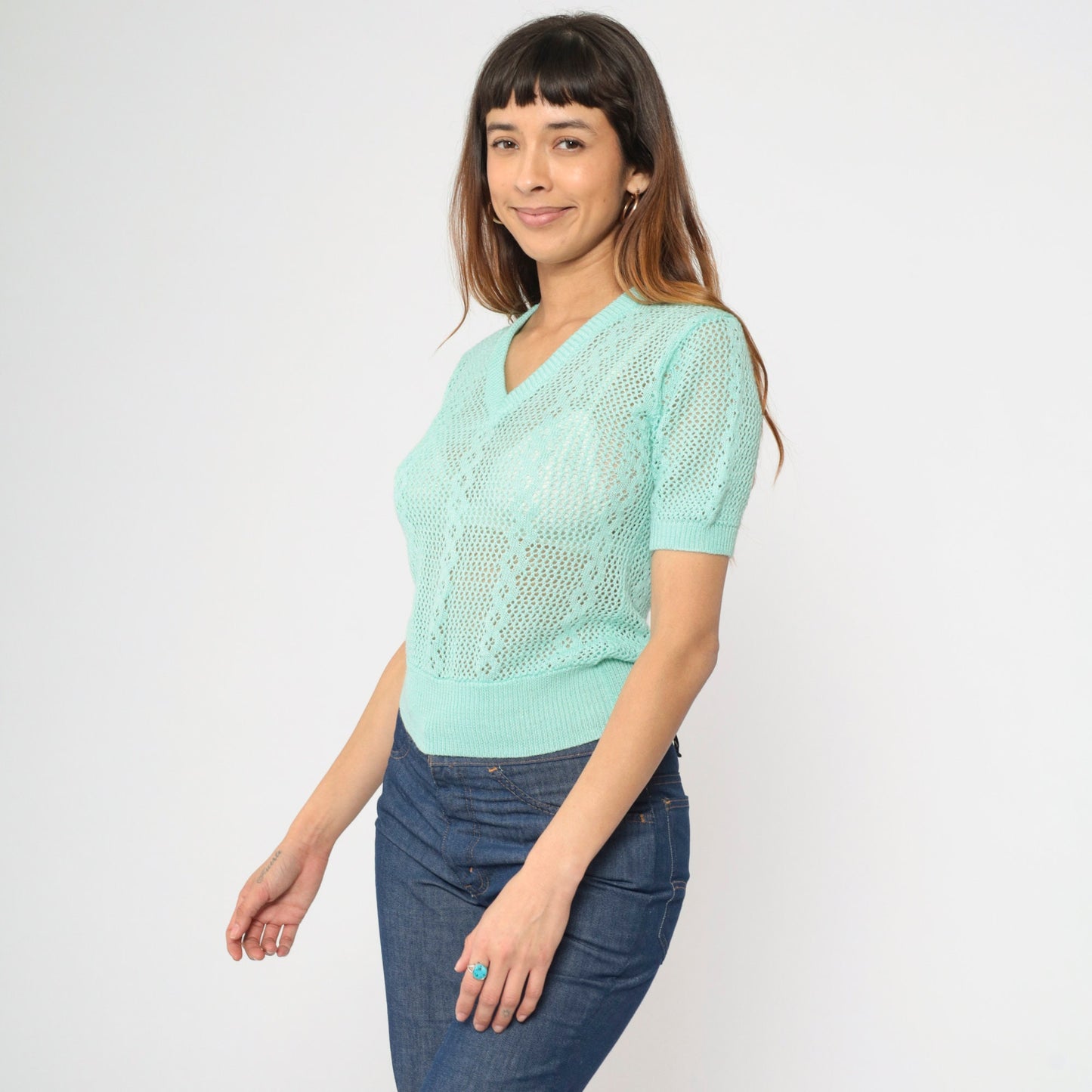 80s Aqua Open Weave Knit Sweater Top V-Neck Short Sleeve Extra Small