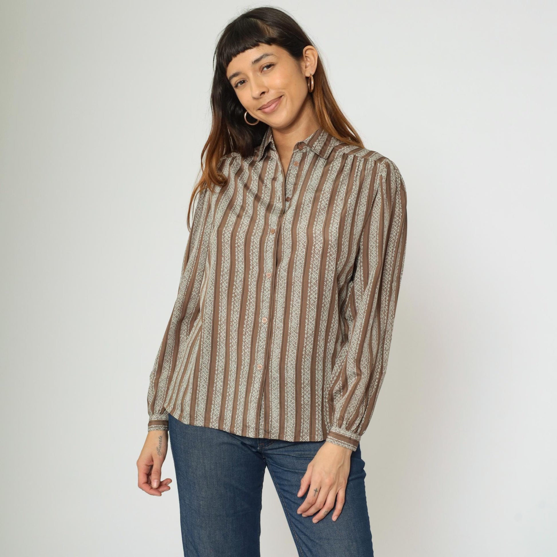 80s Brown & White Striped Puff Sleeve Blouse Collared Button Up Medium