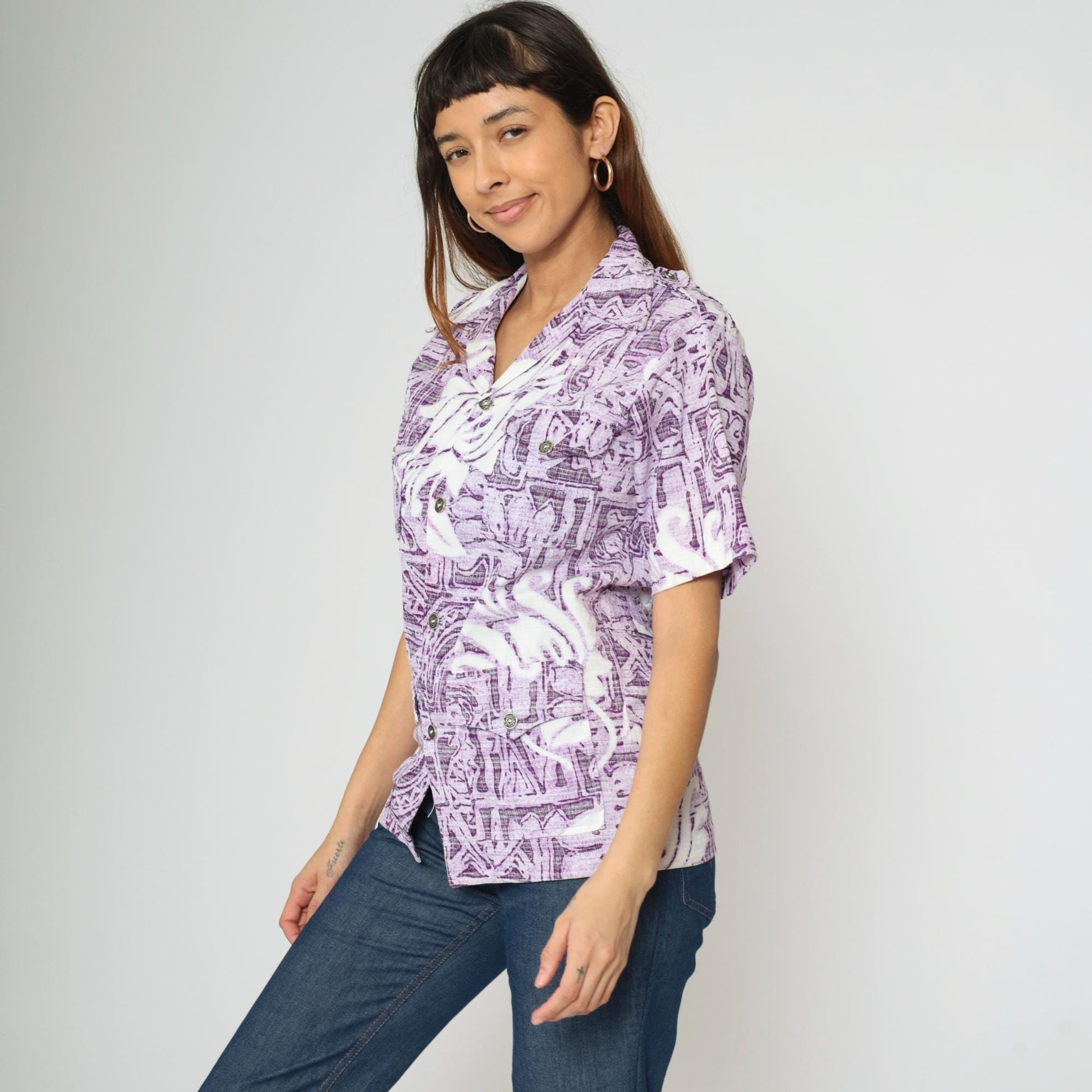 70s Rai Dani Hawaii Purple Floral Geometric Button-Up Shirt Extra Small