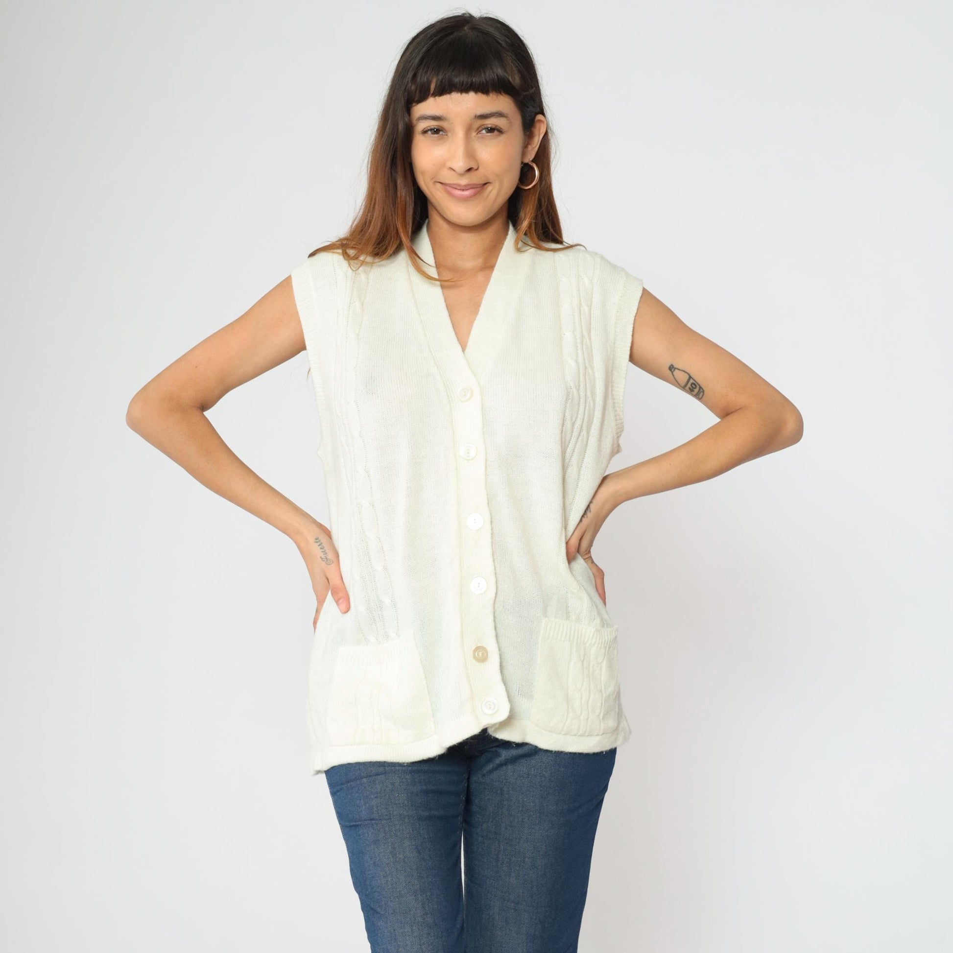 70s Cable Knit Vest Cream V-Neck Sleeveless Sweater Button-Up Large L
