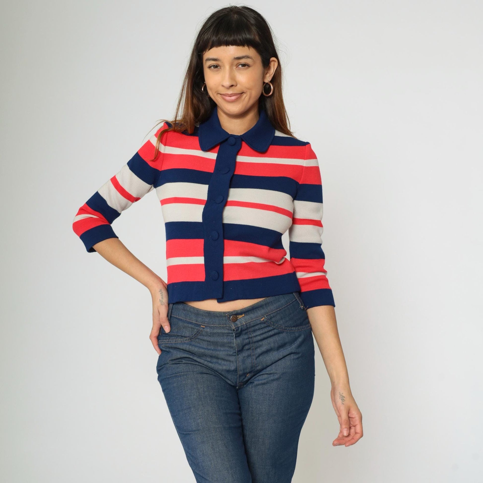 60s Striped Wool Cardigan Sweater Cropped Navy Pink White Small