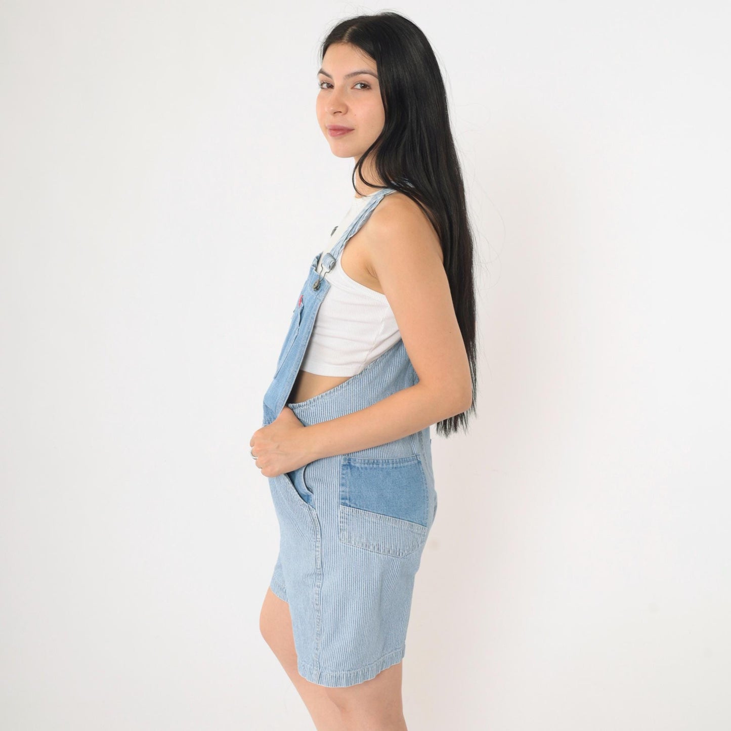90s No Excuses Striped Denim Shortalls Blue White Hickory Bib Shorts Small