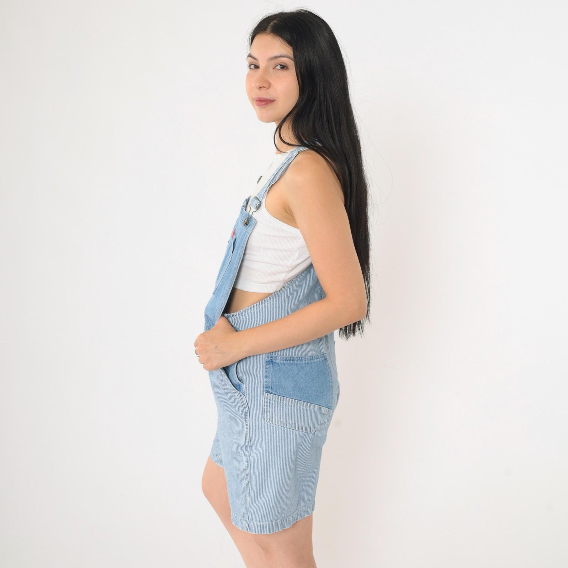 90s No Excuses Striped Denim Shortalls Blue White Hickory Bib Shorts Small