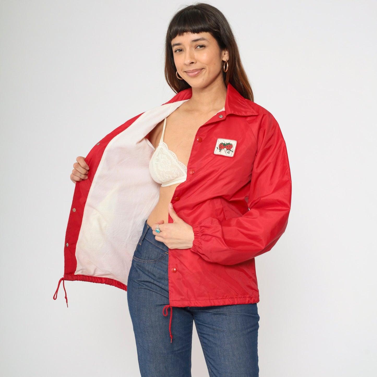 70s Red Windbreaker Jacket Snap Button N Strawberry Patch Small