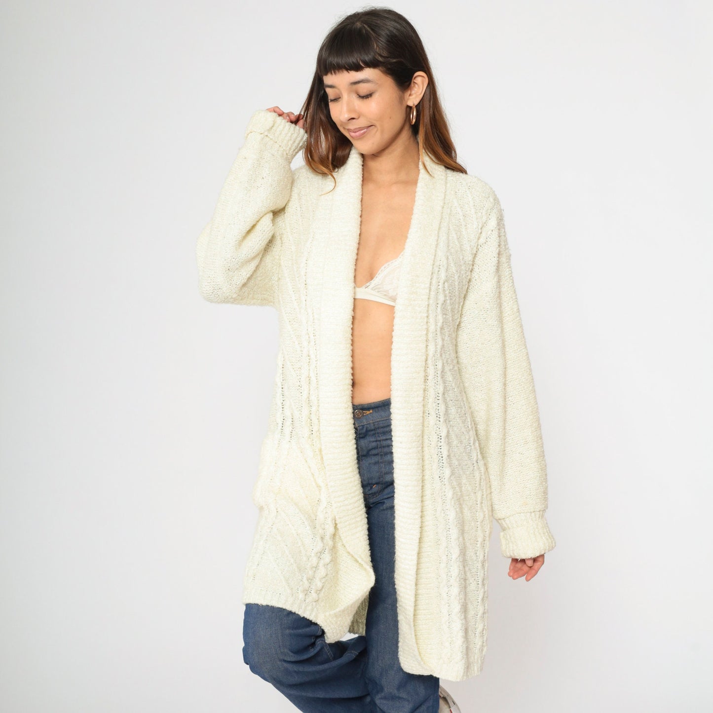 90s Cream Cardigan Open Front Longline Knit Sweater Medium