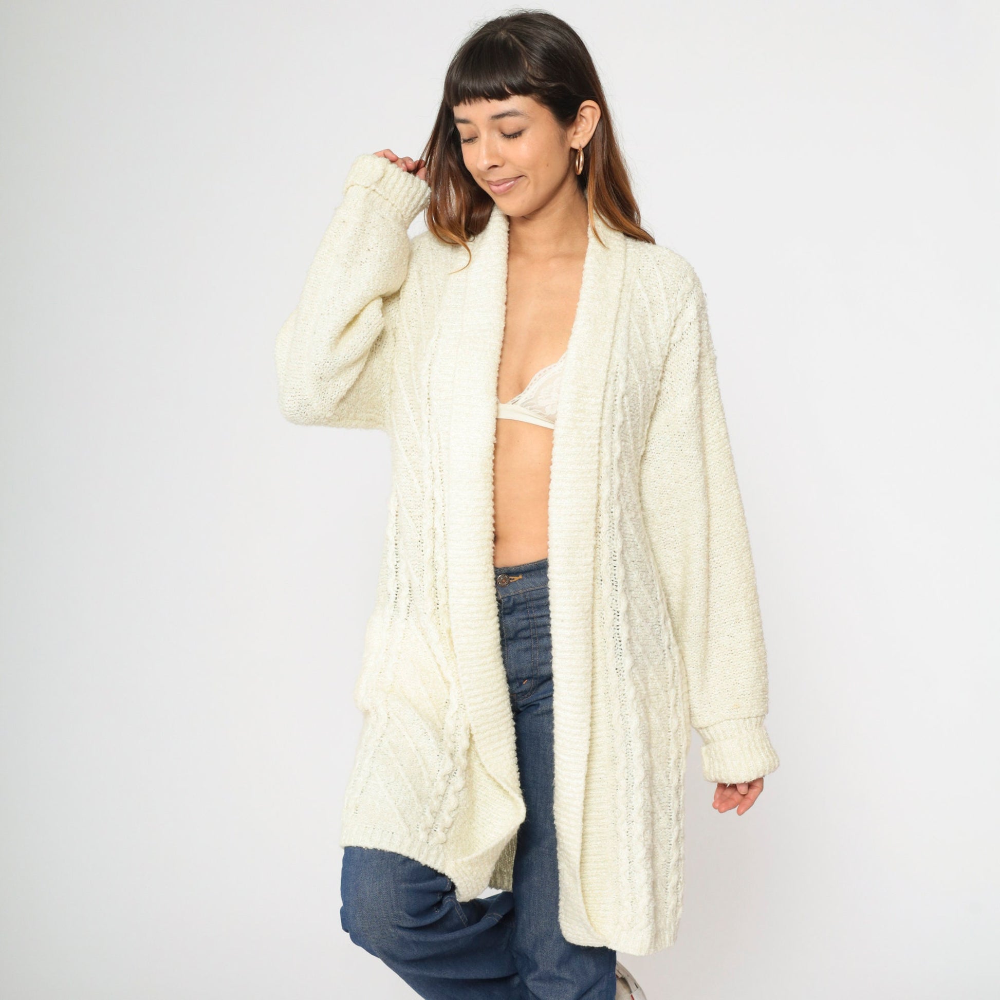 90s Cream Cardigan Open Front Longline Knit Sweater Medium