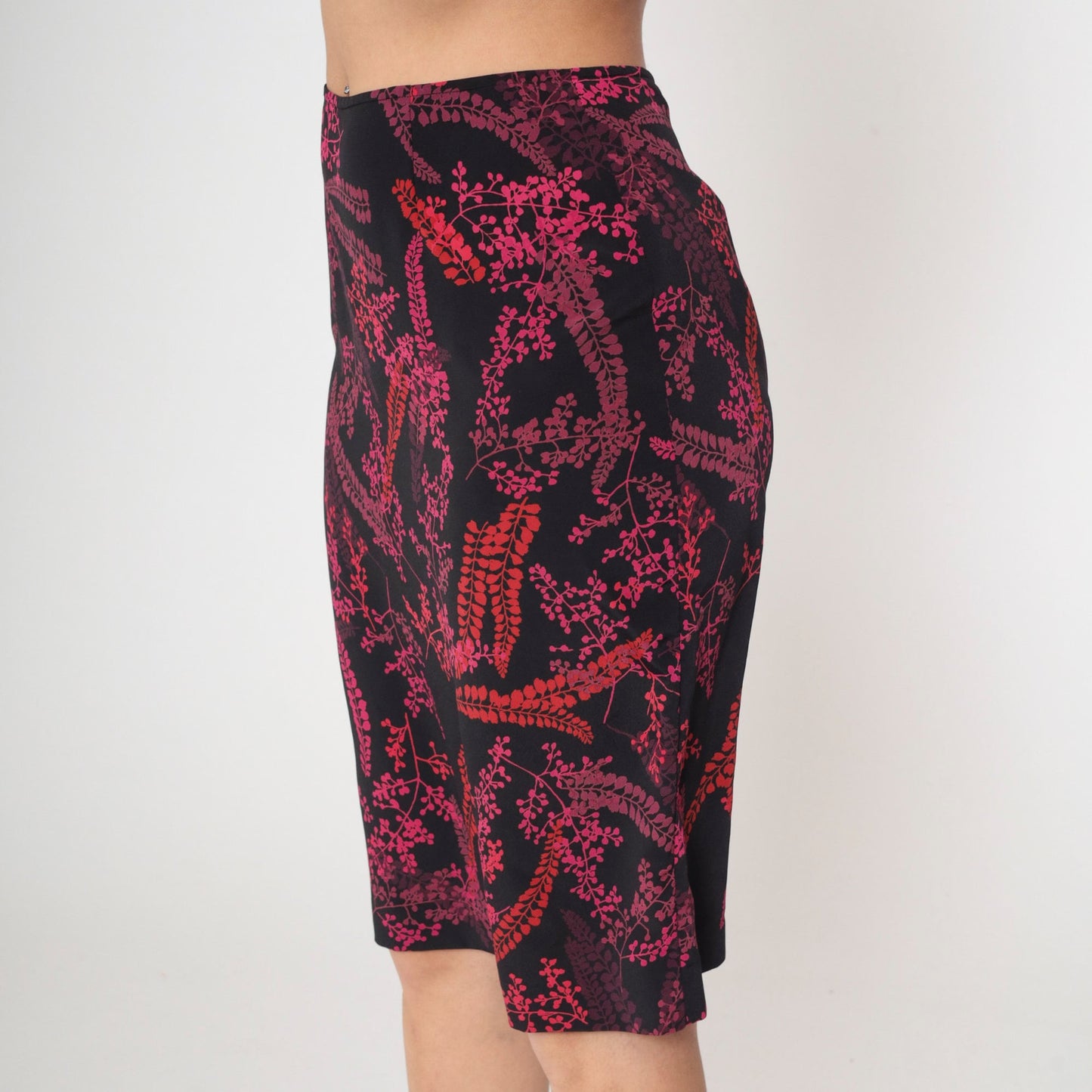 00s Floral Midi Skirt Black Pink High Waist Botanical Print Medium 8