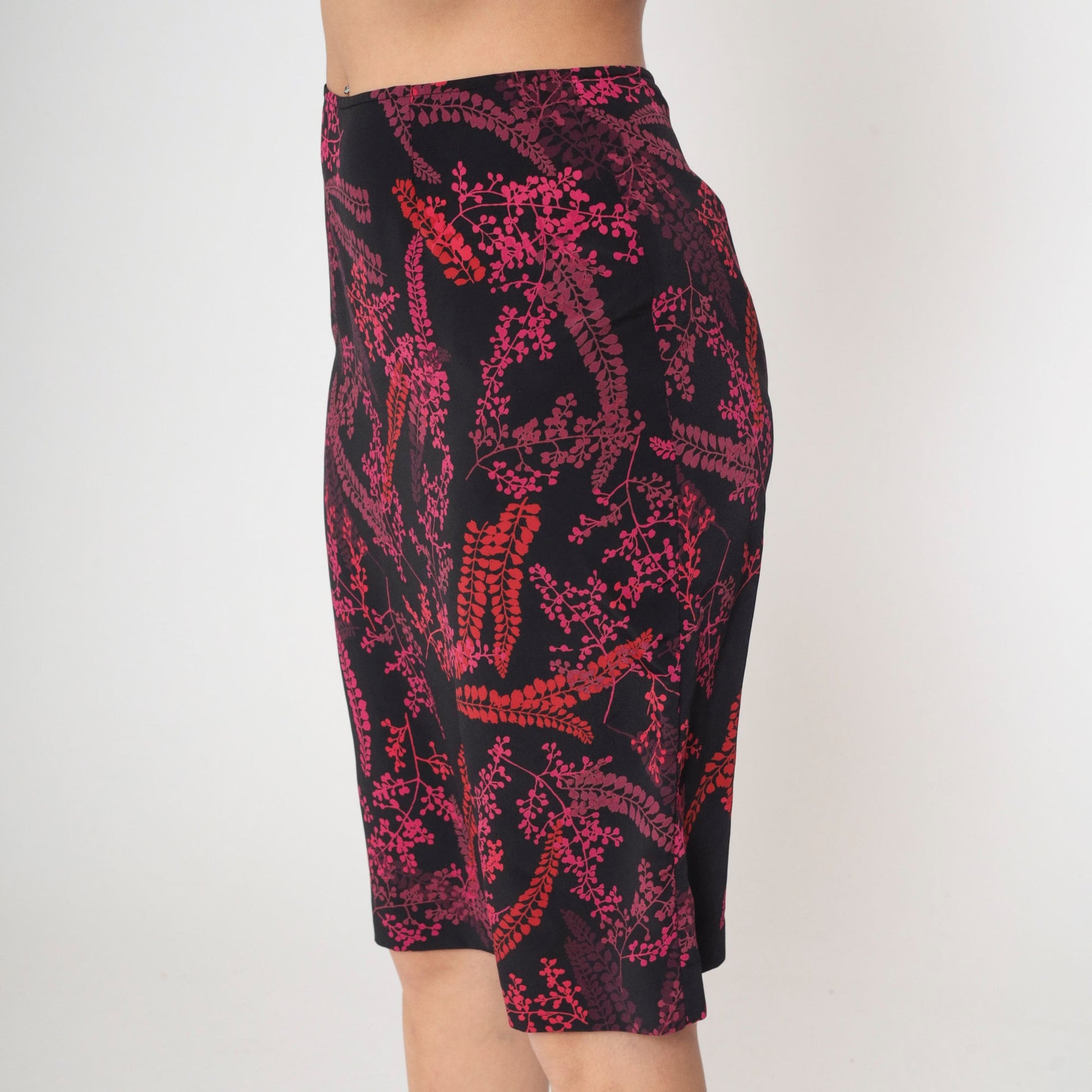 00s Floral Midi Skirt Black Pink High Waist Botanical Print Medium 8